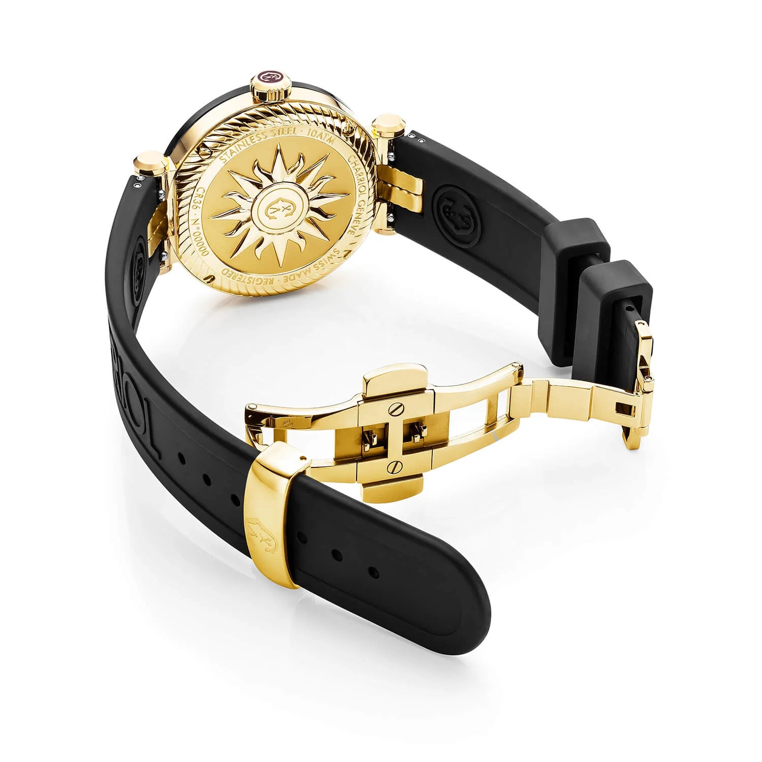 NAVIGATOR CRUISE, 36MM, QUARZKALIBER, SCHWARZ MIT GELBEM ARABISCHEN ZIFFERN UND 10 ZIFFERN, STAHL SCHWARZ PVD MIT 2 GELBEN GOLD PVD SCHRAUBEN, SCHWARZES GUMMI-AUSTAUSCHARMBAND MIT GELBEM GOLD PVD ANGESCHLOSSEN - © 2024 Charriol - Watch