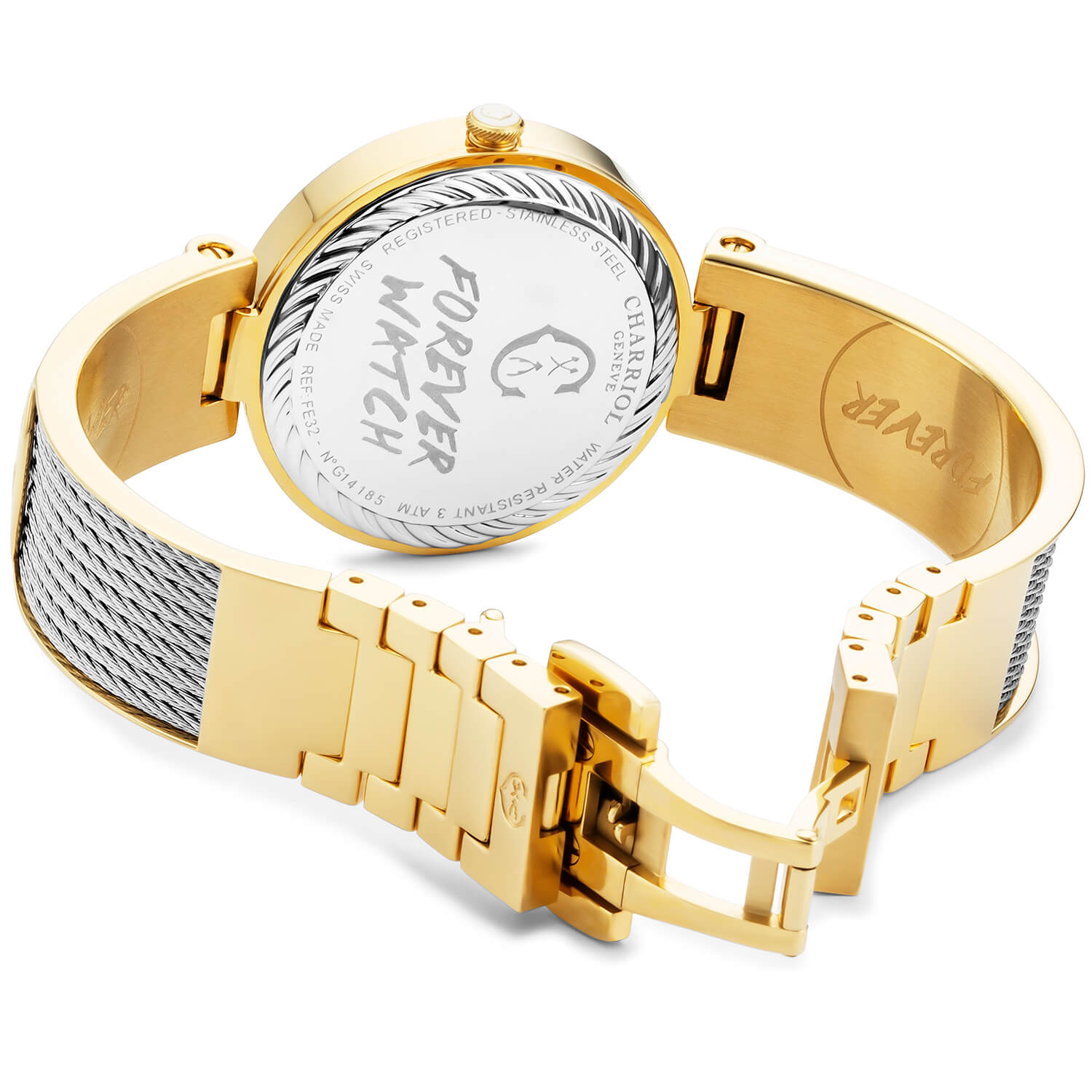 FOREVER, 32MM, QUARZKALIBER, PERLMUTTER MIT 12 SIMILIS ZIFFERN, GELB GOLD PVD BESEL, STAHLKABELARMBAND & GELB GOLD PVD DECORS - Charriol Geneve - Watch