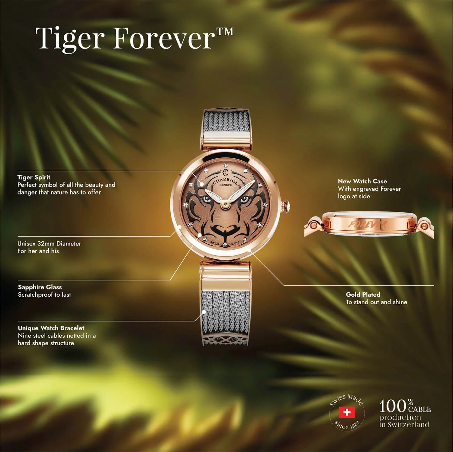 FOREVER, 32MM, QUARTZ CALIBRE, TIGER DIAL, ROSE GOLD PVD BEZEL, STEEL CABLE BRACELET - Charriol Geneve - Watch
