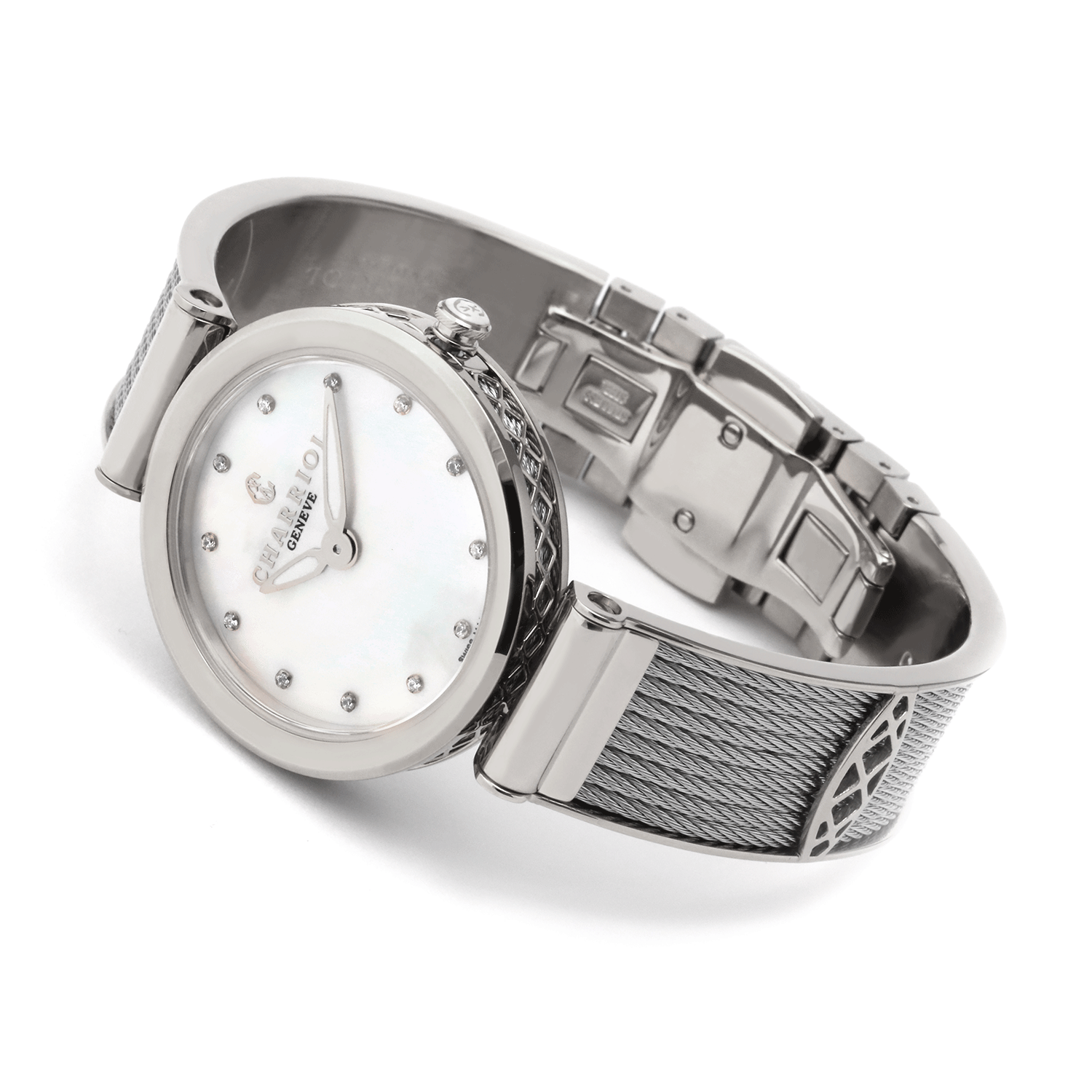 FOREVER, 32MM, QUARZKALIBER, WEISSE PERMUTTER MIT 12 SIMILIS ZIFFERN, STAHLKETTE, STAHLKABELARMBAND - © 2024 Charriol - Uhr