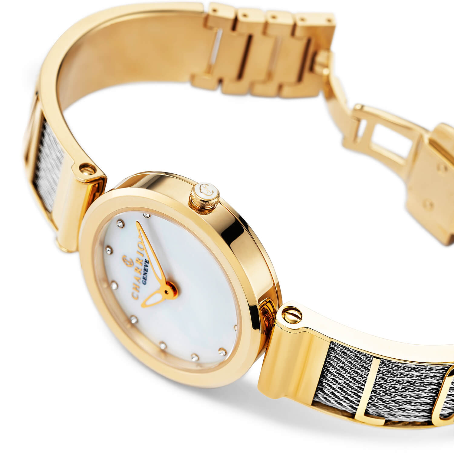 FOREVER YOURS, 32MM, QUARTZKALIBER, PERLMUTTER MIT 12 DIAMANTEN ZIFFERN, GELB GOLD PVD BESEL, STAHLKABELARMBAND - Charriol Geneve - Watch