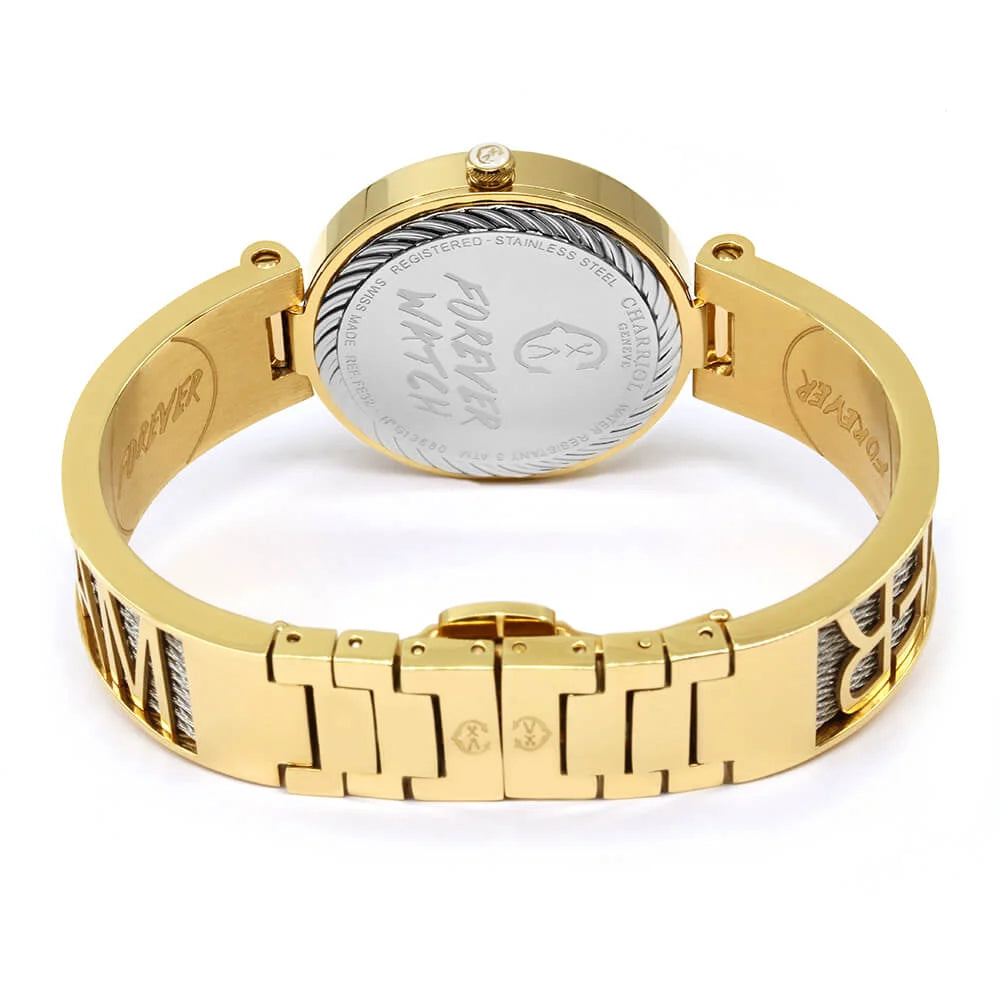 FOREVER YOURS, 32MM, QUARTZKALIBER, PERLMUTTER MIT 12 DIAMANTEN ZIFFERN, GELB GOLD PVD BESEL, STAHLKABELARMBAND - Charriol Geneve - Watch