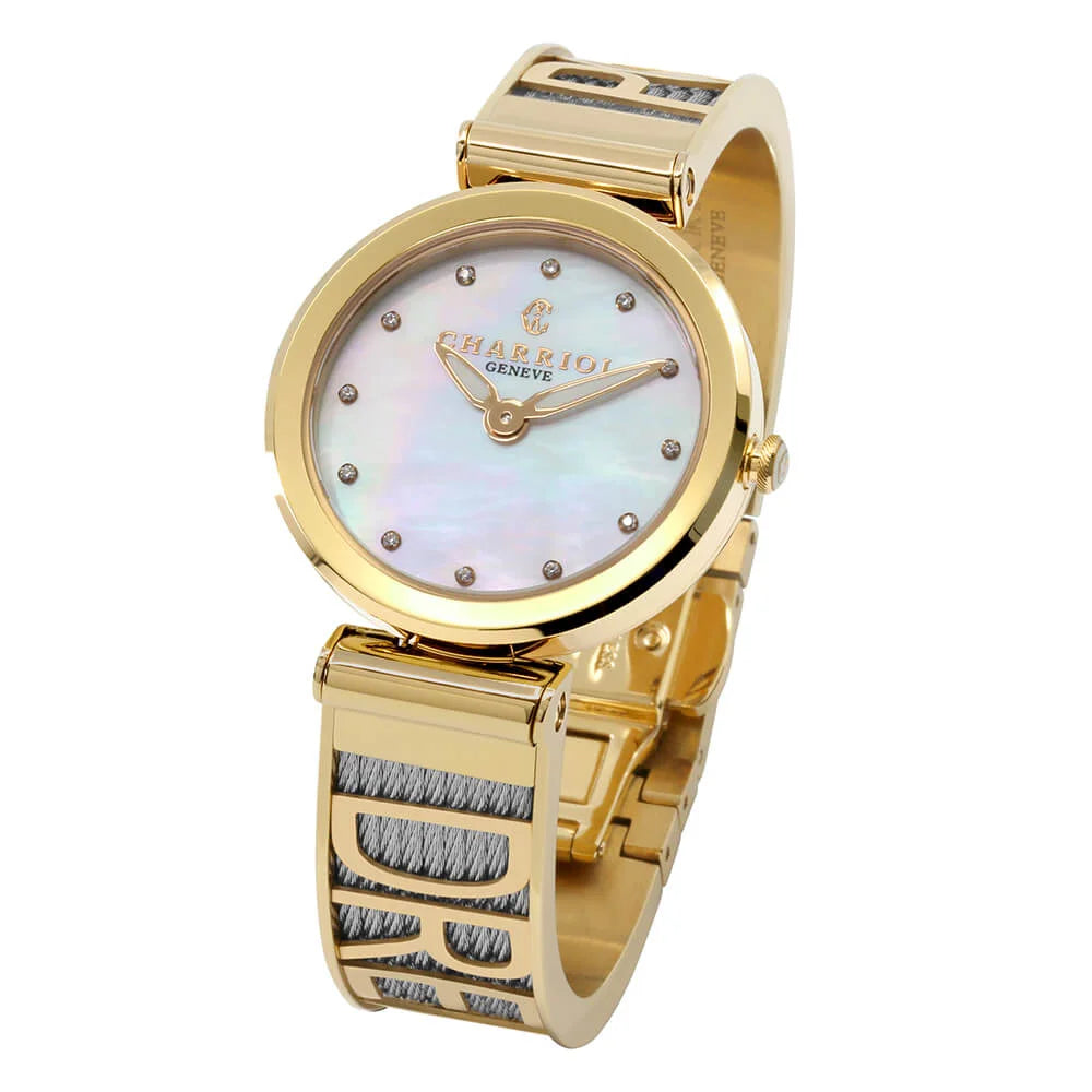 FOREVER YOURS, 32MM, QUARTZKALIBER, PERLMUTTER MIT 12 DIAMANTEN ZIFFERN, GELB GOLD PVD BESEL, STAHLKABELARMBAND - Charriol Geneve - Watch