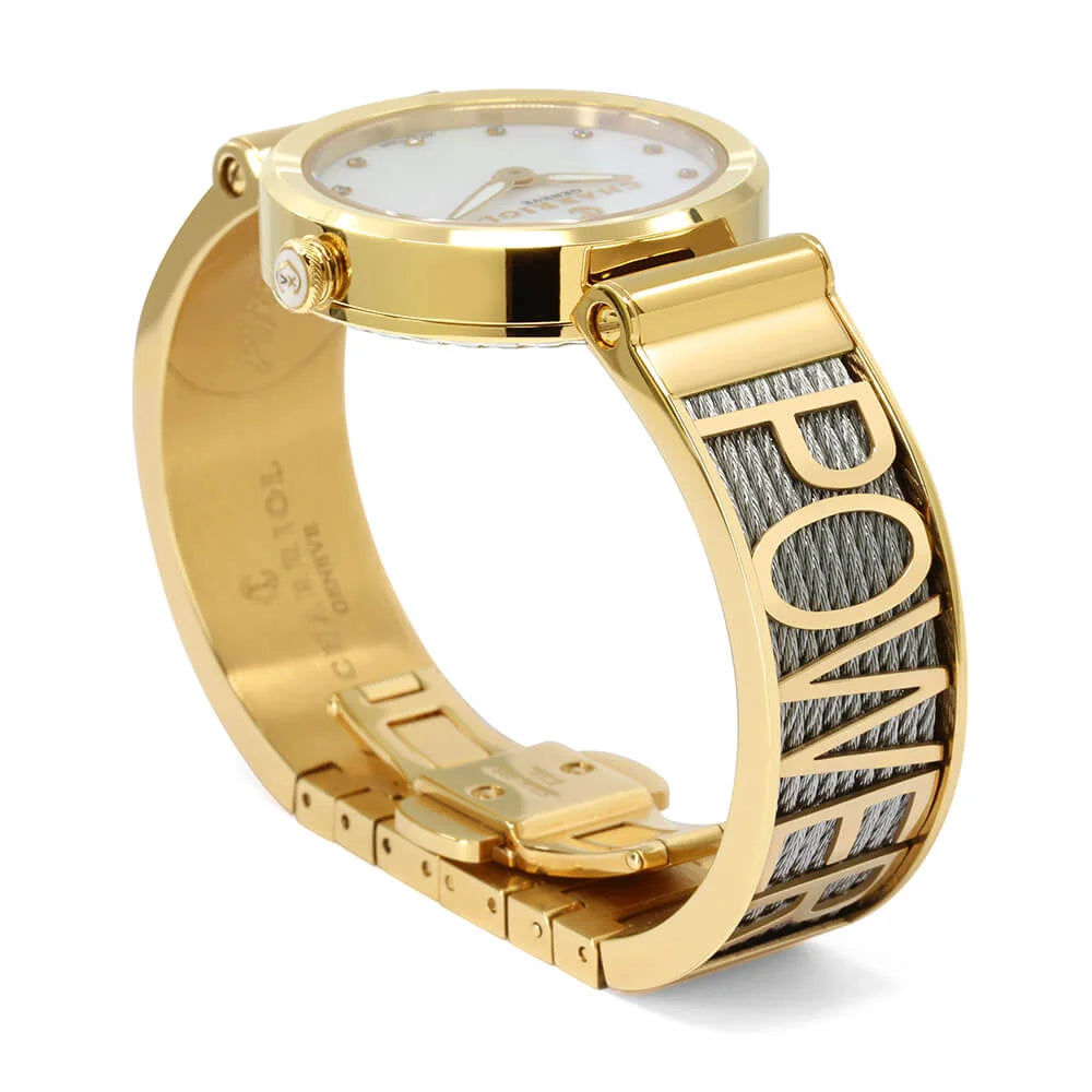 FOREVER YOURS, 32MM, QUARTZKALIBER, PERLMUTTER MIT 12 DIAMANTEN ZIFFERN, GELB GOLD PVD BESEL, STAHLKABELARMBAND - Charriol Geneve - Watch