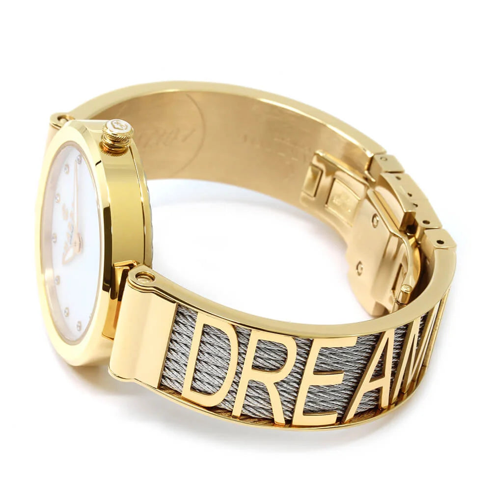 FOREVER YOURS, 32MM, QUARTZKALIBER, PERLMUTTER MIT 12 DIAMANTEN ZIFFERN, GELB GOLD PVD BESEL, STAHLKABELARMBAND - Charriol Geneve - Watch