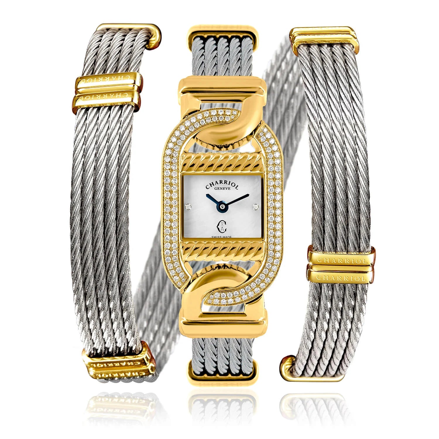 MARINER, 20MM, QUARTZ CALIBRE, STEEL YELLOW GOLD PVD WITH 128 DIAMONDS CASE, WHITE MOTHER-OF-PEARL WITH 2 DIAMONDS DIAL, STEEL TWISTED CABLE BRACELET - Charriol - Watch