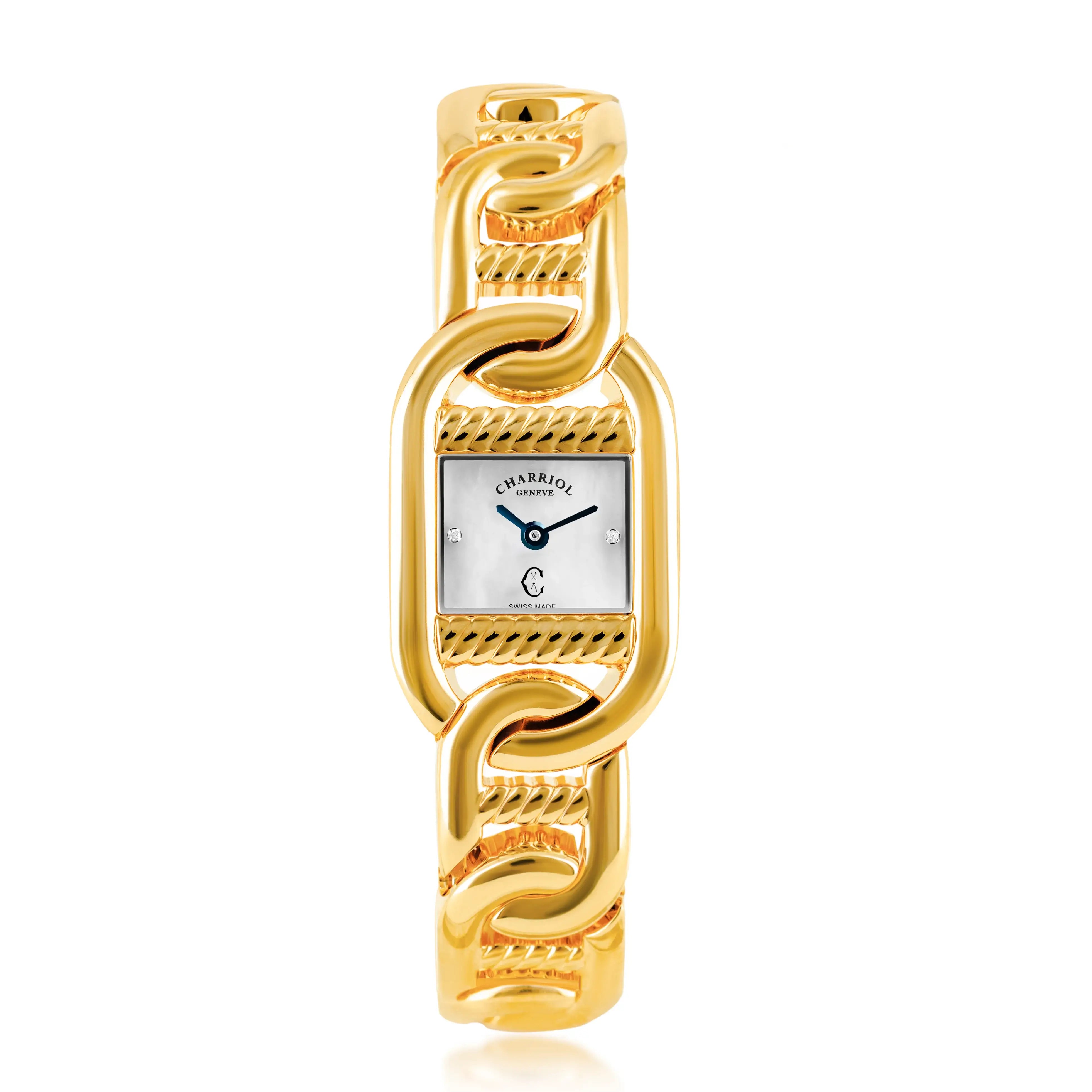 MARINER, 20MM, QUARTZ CALIBRE, YELLOW GOLD PLATED CASE, WHITE MOTHER-OF-PEARL WITH 2 DIAMONDS DIAL, YELLOW GOLD PLATED LINKS BRACELET - ©2025 Philippe Charriol International Ltd. - Watch