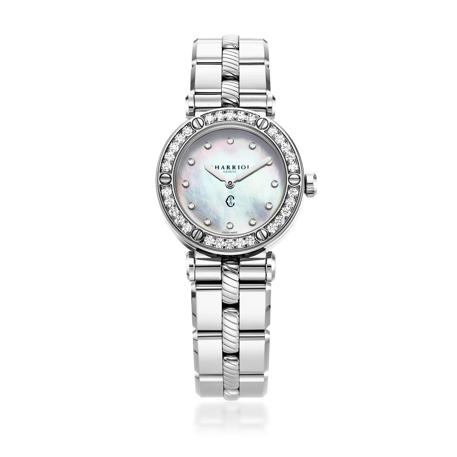 NAVIGATOR CRUISE, 28MM, PERLMUTTER MIT 12 DIAMANTEN ZIFFERN, 30 DIAMANTEN FASSUNG, STAHL-AUSTAUSCHBARES ARMBAND - Charriol Geneve - Watch
