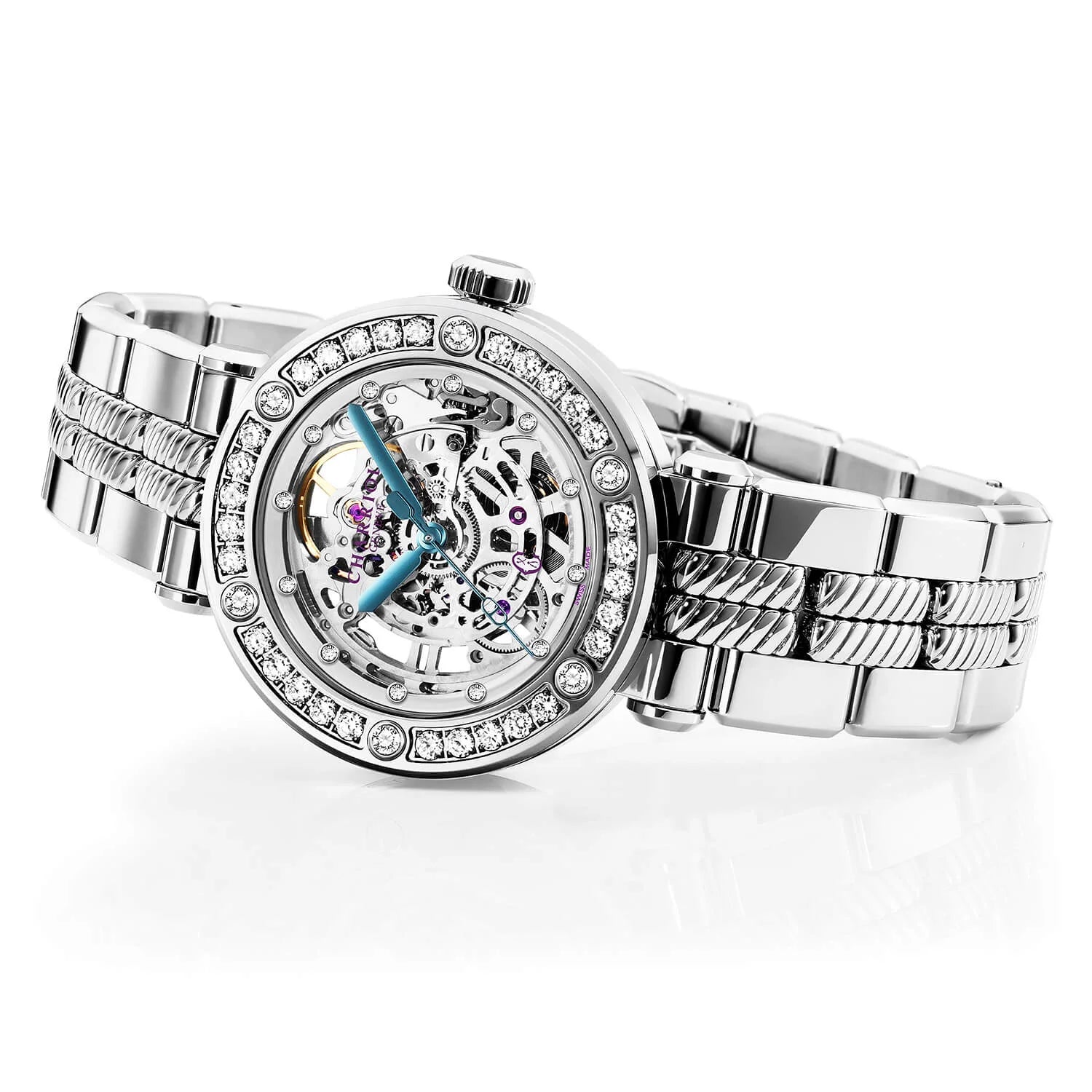 NAVIGATOR CRUISE, 36MM, CHARRIOL SKELETON AUTOMATIK KALIBER, KRISTALL MIT 12 DIAMANTEN INDEX INNEREN RING ZIFFERN, STAHL MIT 30 FULLCUTS DIAMANTEN & 6 DIAMANTEN, METALL AUSTAUSCHBARES ARMBAND - © 2024 Charriol - Watch