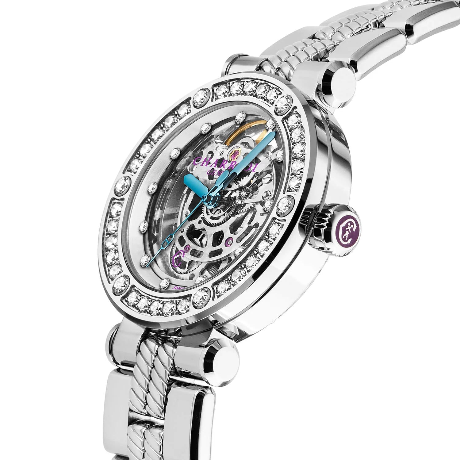 NAVIGATOR CRUISE, 36MM, CHARRIOL SKELETON AUTOMATIK KALIBER, KRISTALL MIT 12 DIAMANTEN INDEX INNEREN RING ZIFFERN, STAHL MIT 30 FULLCUTS DIAMANTEN & 6 DIAMANTEN, METALL AUSTAUSCHBARES ARMBAND - © 2024 Charriol - Watch