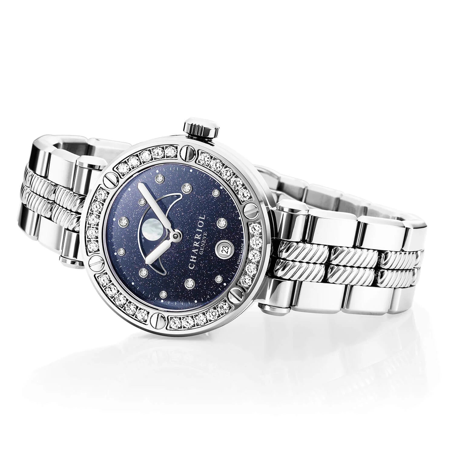 NAVIGATOR CRUISE, 36MM, MOONPHASE QUARTZ KALIBRIEREN, AVENTURINE GEDRUCKT MIT 11 DIAMANTEN ZIFFERN, STAHL MIT 30 DIAMANTEN UND 6 SCHRAUBEN KREUZ, METALL-AUSTAUSCHBARES ARMBAND - © 2024 Charriol - Watch