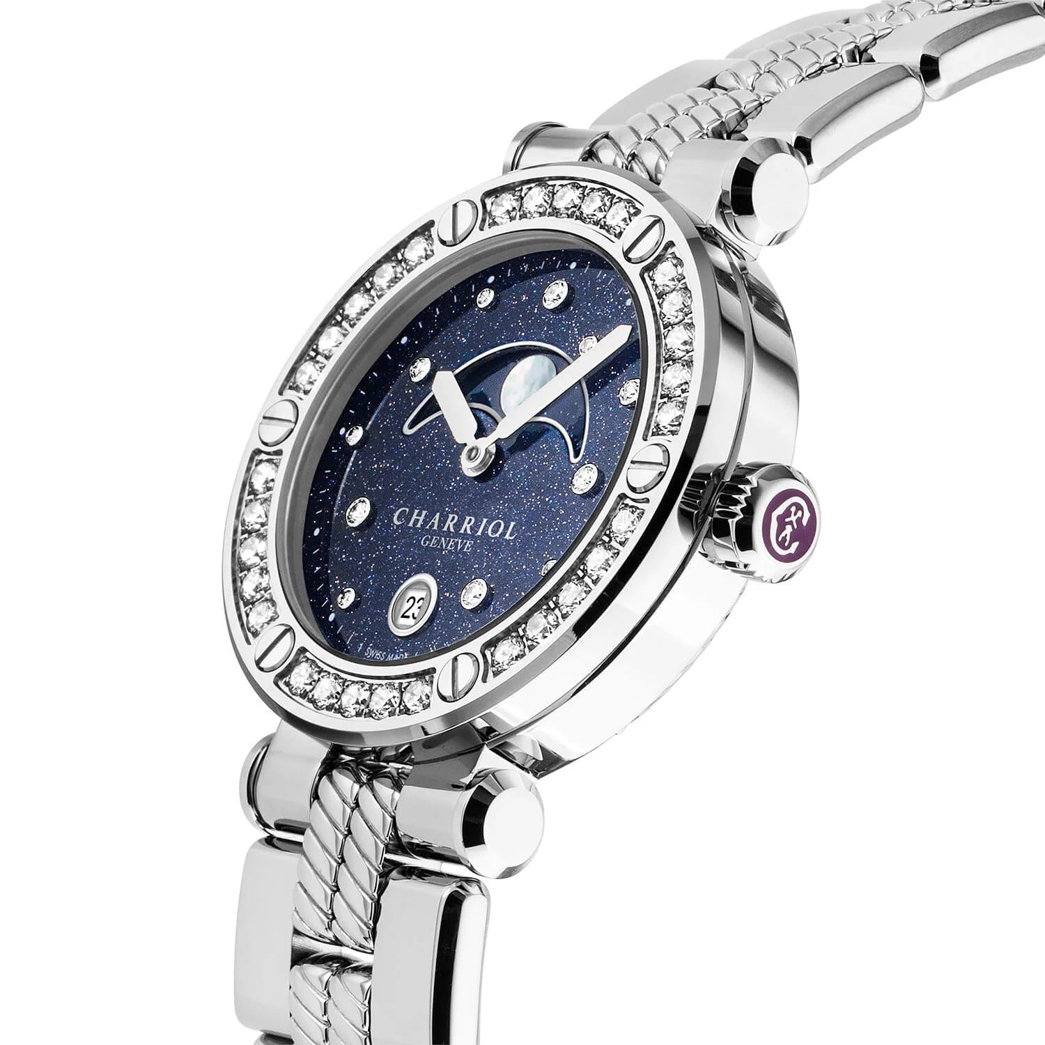 NAVIGATOR CRUISE, 36MM, MOONPHASE QUARTZ KALIBRIEREN, AVENTURINE GEDRUCKT MIT 11 DIAMANTEN ZIFFERN, STAHL MIT 30 DIAMANTEN UND 6 SCHRAUBEN KREUZ, METALL-AUSTAUSCHBARES ARMBAND - © 2024 Charriol - Watch