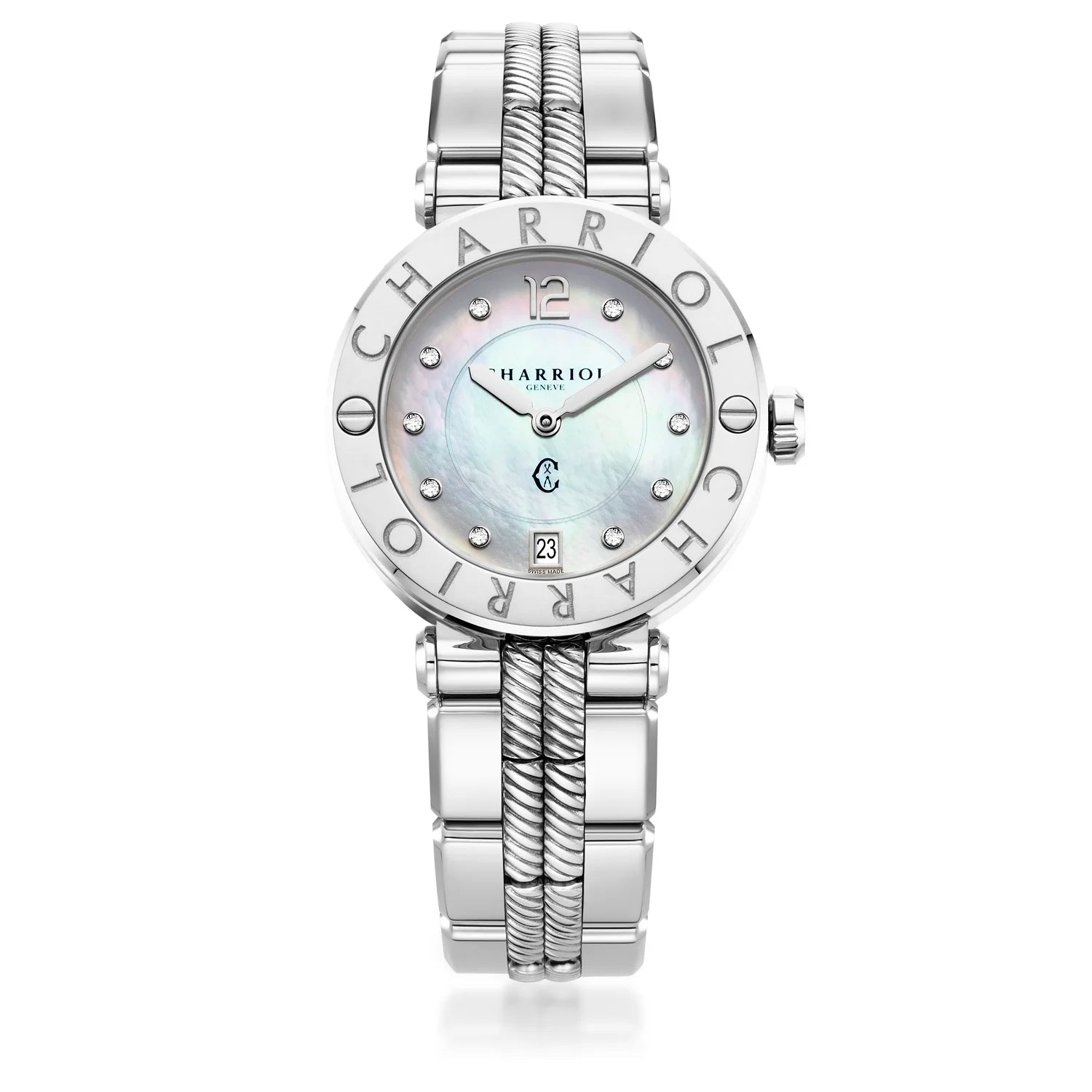 NAVIGATOR CRUISE, 36MM, QUARTZ KALIBER, PERLMUTTER MIT 10 DIAMANTEN ZIFFERN, "CHARRIOL CHARRIOL " FASSUNG, STAHL-AUSTAUSCHBARES ARMBAND - Charriol Geneve - Watch