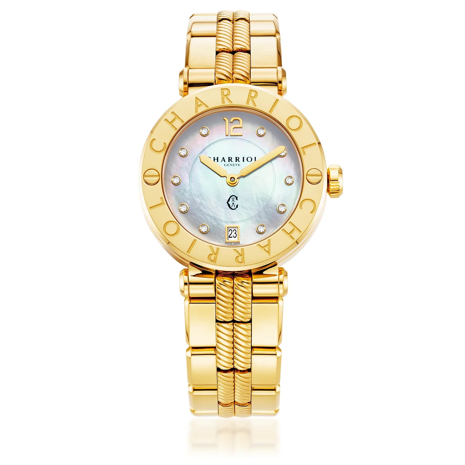 NAVIGATOR CRUISE, 36MM, QUARTZ KALIBER, PERLMUTTER MIT 10 DIAMONEN ZIFFERN, "CHARRIOL CHARRIOL " FASSUNG, STAHL GELB GOLD PVD AUSTAUSCHBARES ARMBAND - Charriol Geneve - Watch