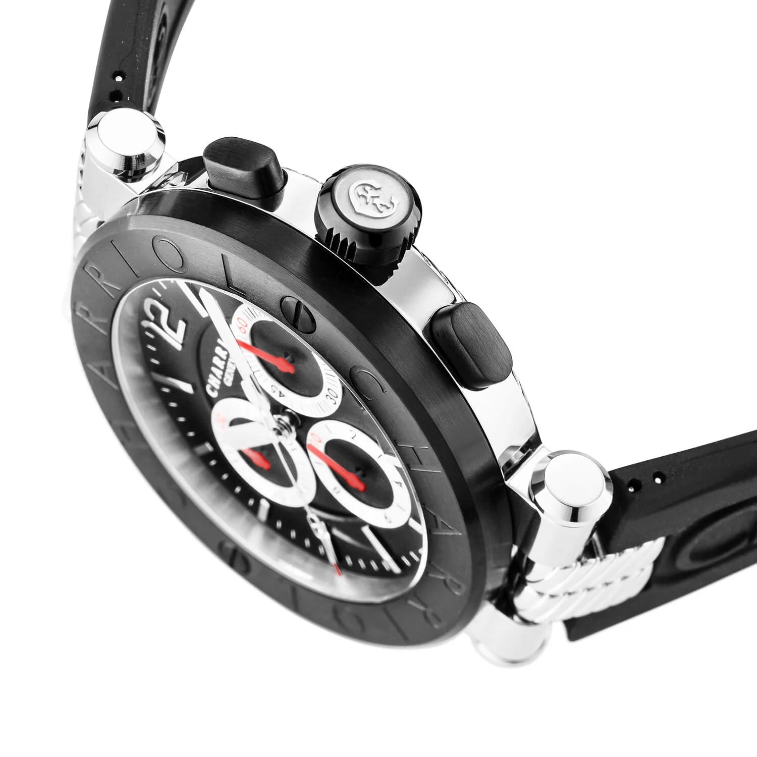 NAVIGATOR CRUISE, 41MM, QUARTZ-CHRONOGRAPHENKALIBER, SCHWARZES ZIFFERBLATT MIT ROTEN KREUZEN, SCHWARZES STAHL-PVD "CHARRIOL CHARRIOL " FASSUNG, SCHWARZES GUMMI-AUSTAUSCHBAND - © 2024 Charriol - Watch