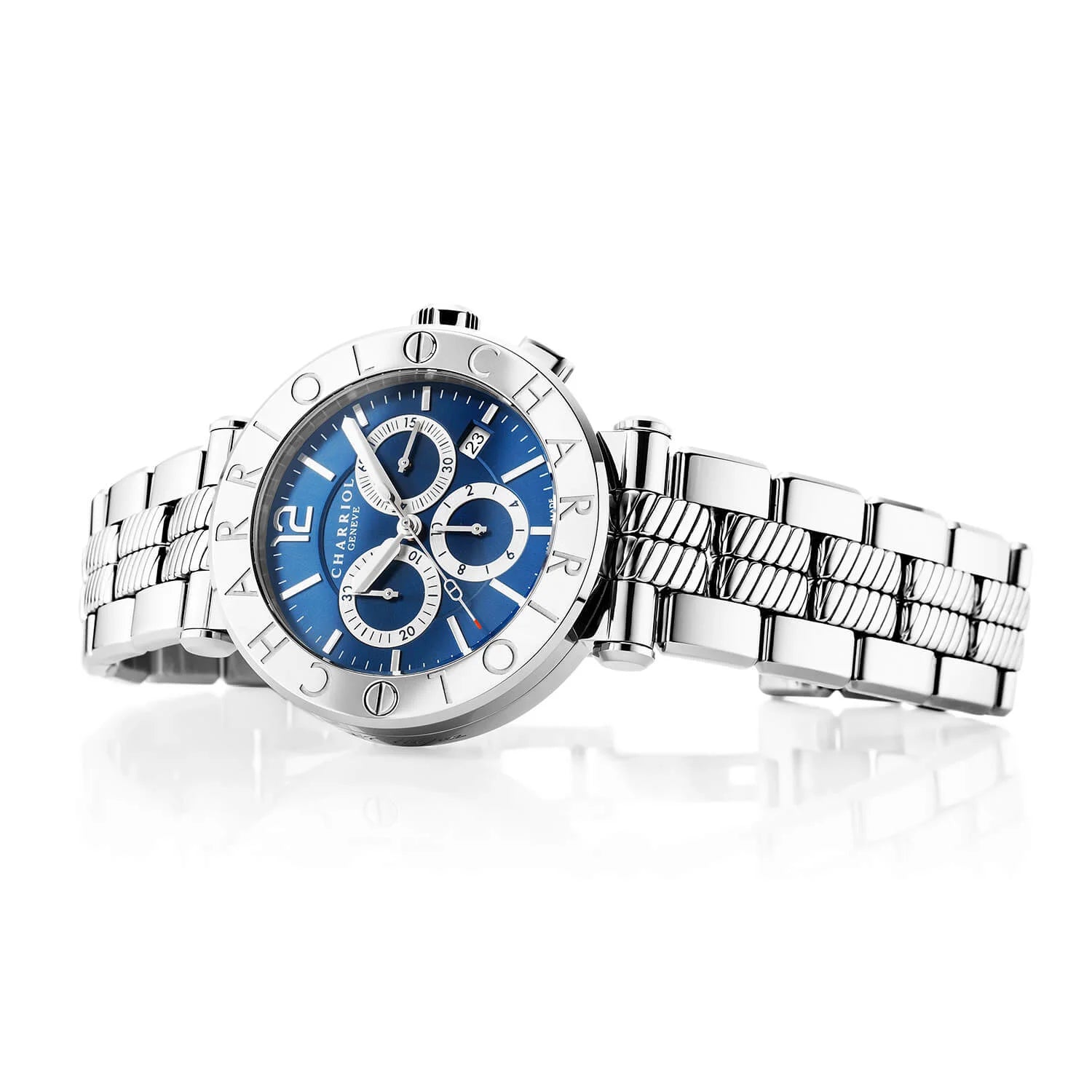 NAVIGATOR CRUISE, 41MM, QUARTZ-CHRONOGRPH-KALIBER, BLAU MIT 3 RHODIUM-SPIEGELN & INDEX-ZEIGER, STAHL "CHARRIOL CHARRIOL " MIT 2 SCHRAUBEN BEZEL, STAHL-METALL-AUSTAUSCHBARES ARMBAND - © 2024 Charriol - Uhr