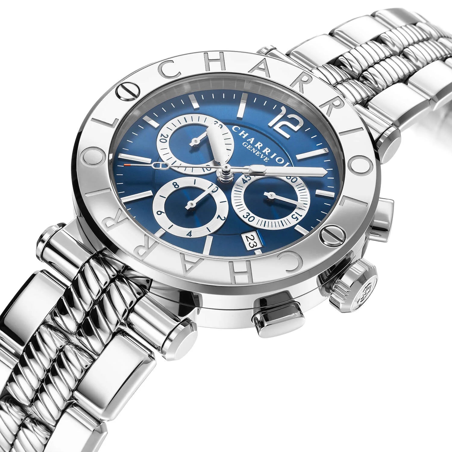 NAVIGATOR CRUISE, 41MM, QUARTZ-CHRONOGRPH-KALIBER, BLAU MIT 3 RHODIUM-SPIEGELN & INDEX-ZEIGER, STAHL "CHARRIOL CHARRIOL " MIT 2 SCHRAUBEN BEZEL, STAHL-METALL-AUSTAUSCHBARES ARMBAND - © 2024 Charriol - Uhr