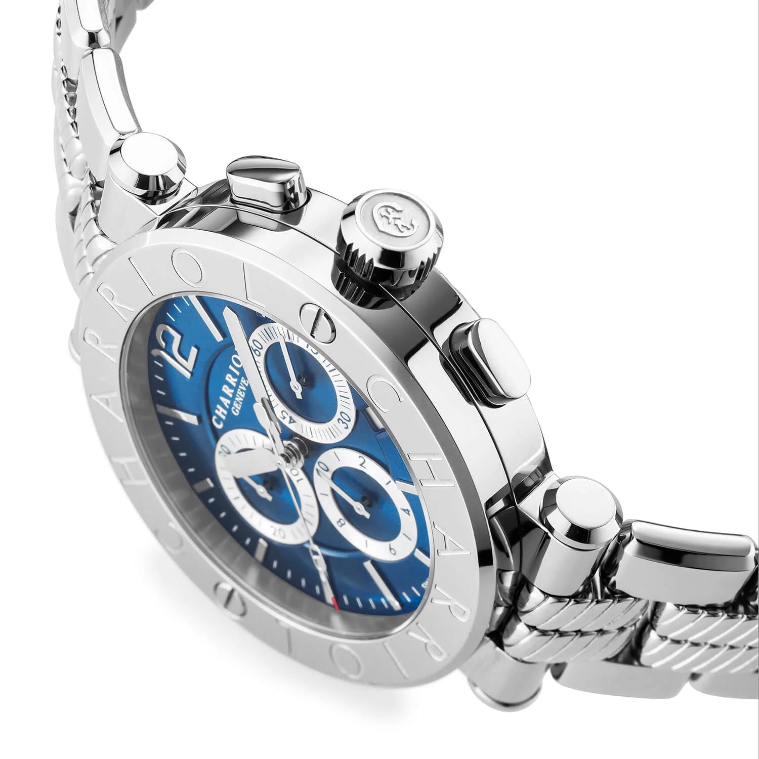 NAVIGATOR CRUISE, 41MM, QUARTZ-CHRONOGRPH-KALIBER, BLAU MIT 3 RHODIUM-SPIEGELN & INDEX-ZEIGER, STAHL "CHARRIOL CHARRIOL " MIT 2 SCHRAUBEN BEZEL, STAHL-METALL-AUSTAUSCHBARES ARMBAND - © 2024 Charriol - Uhr