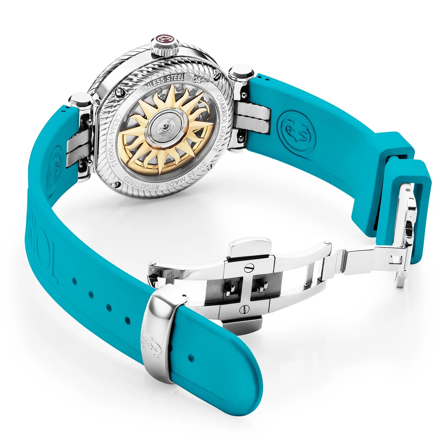 NAVIGATOR SURF, 36MM, AUTOMATISCHES KALIBER, TURQUOISE ZIFFERN, TURQUOISE KARAMELL, TURQUOISE GUMMI-AUSTAUSCHBARES ARMBAND - Charriol Geneve - Watch
