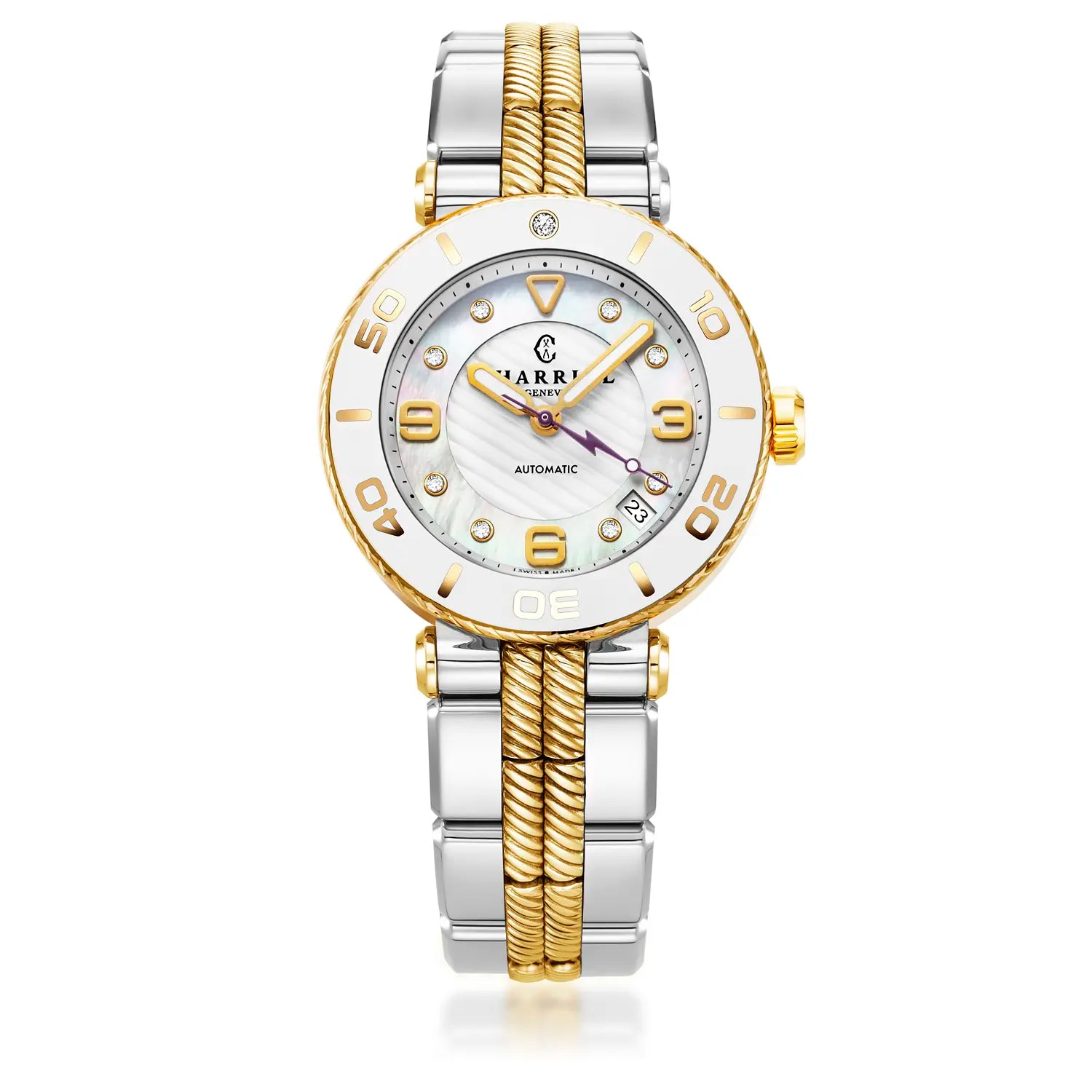 NAVIGATOR SURF, 36MM, AUTOMATISCHE KALIBRIERUNG, WEIßES ZIFFERBLATT, WEIßER RAND, STAHL-BICOLOR-AUSTAUSCHBARES ARMBAND - Charriol Geneve - Watch