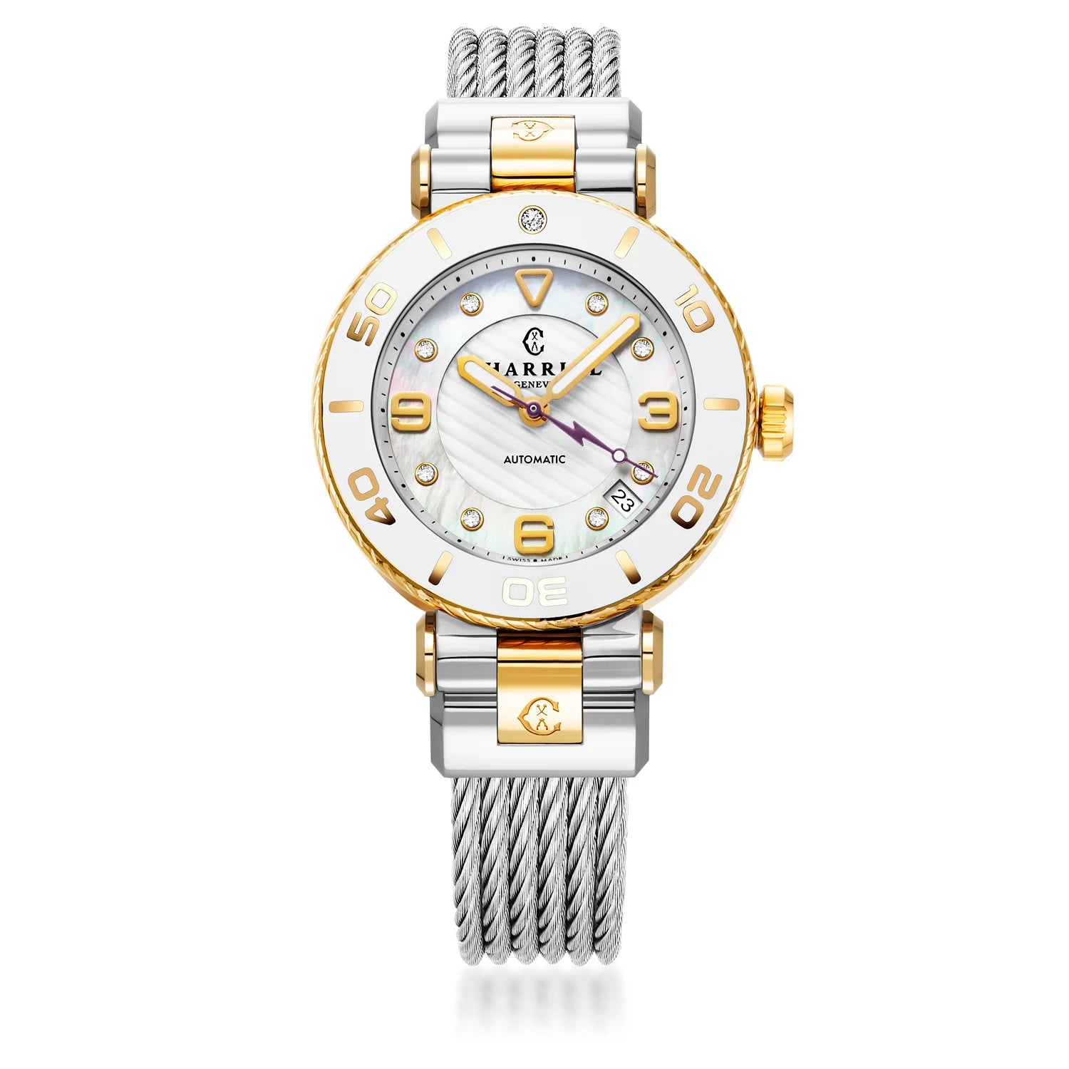 NAVIGATOR SURF, 36MM, AUTOMATISCHE KALIBRIERUNG, WEISSES ZIFFERBLATT, WEISSES BAND, STAHLKABEL-AUSTAUSCHBARES ARMBAND - Charriol Geneve - Watch