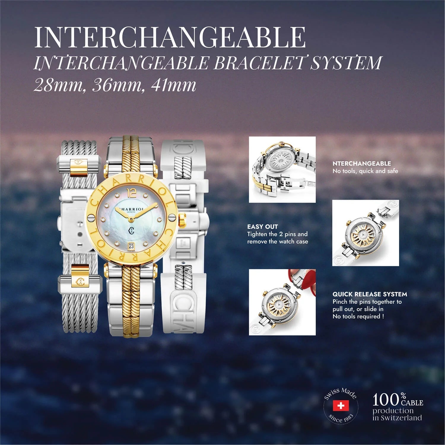 NAVIGATOR CRUISE, 28MM, QUARTZ KALIBER, PERLMUTTER MIT 10 DIAMANTEN ZIFFERN, 30 VOLLGESCHLiffene DIAMANTEN MIT 6 SCHRAUBEN BEZEL, METALYELLOW GOLD PVD AUSTAUSCHBARES ARMBAND - Charriol Geneve - Watch