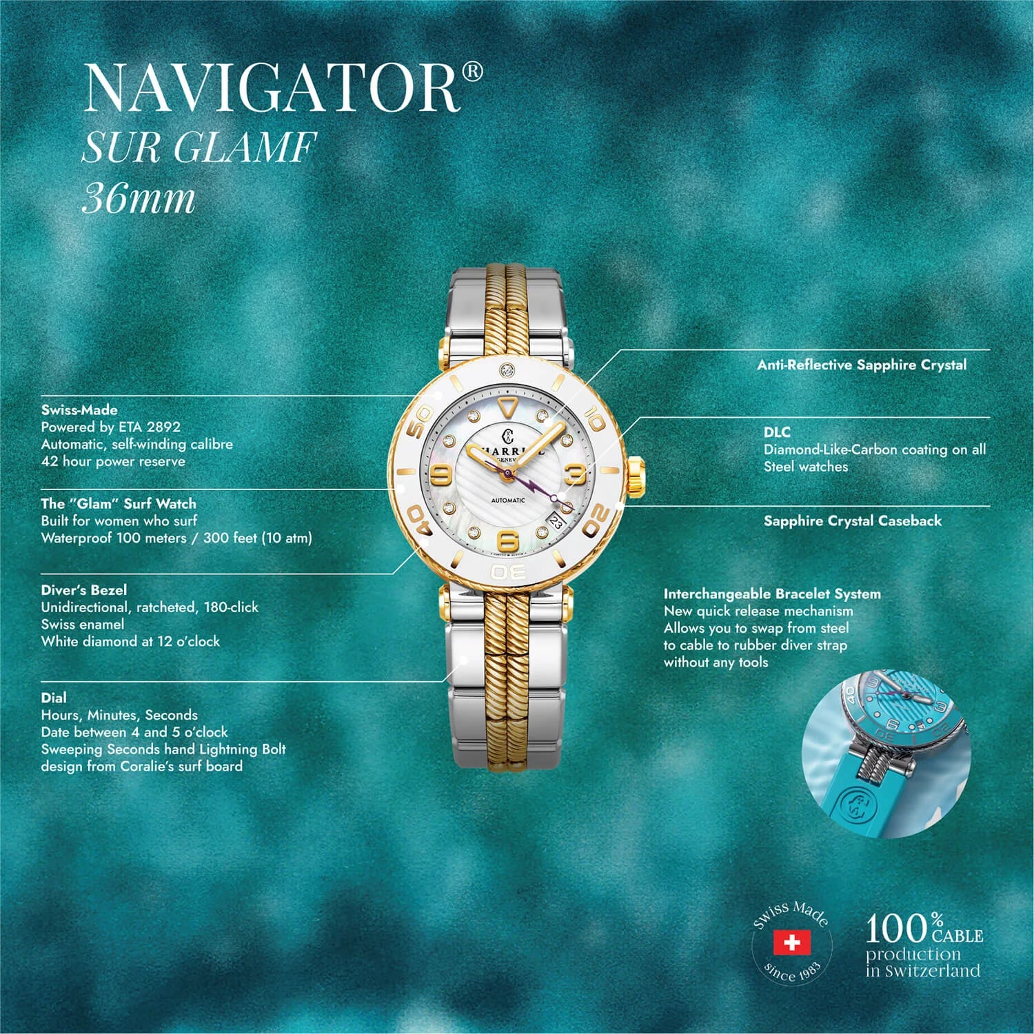 NAVIGATOR SURF, 36MM, AUTOMATISCHE KALIBRIERUNG, WEIßES ZIFFERBLATT, WEIßER RAND, STAHL-BICOLOR-AUSTAUSCHBARES ARMBAND - Charriol Geneve - Watch