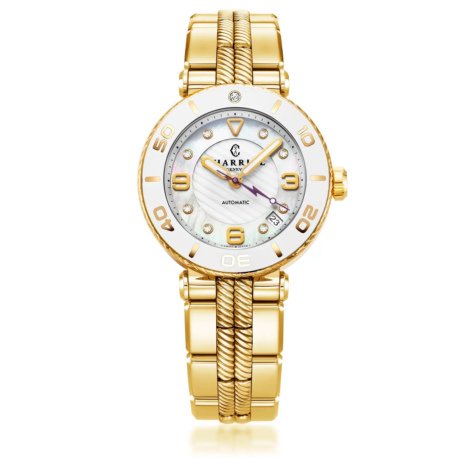 NAVIGATOR SURF, 36MM, AUTOMATISCHES KALIBER, WEISSES ZIFFERBLATT, WEISSER RAND, GELBES GOLD PVD AUSTAUSCHBARES ARMBAND - Charriol Geneve - Watch