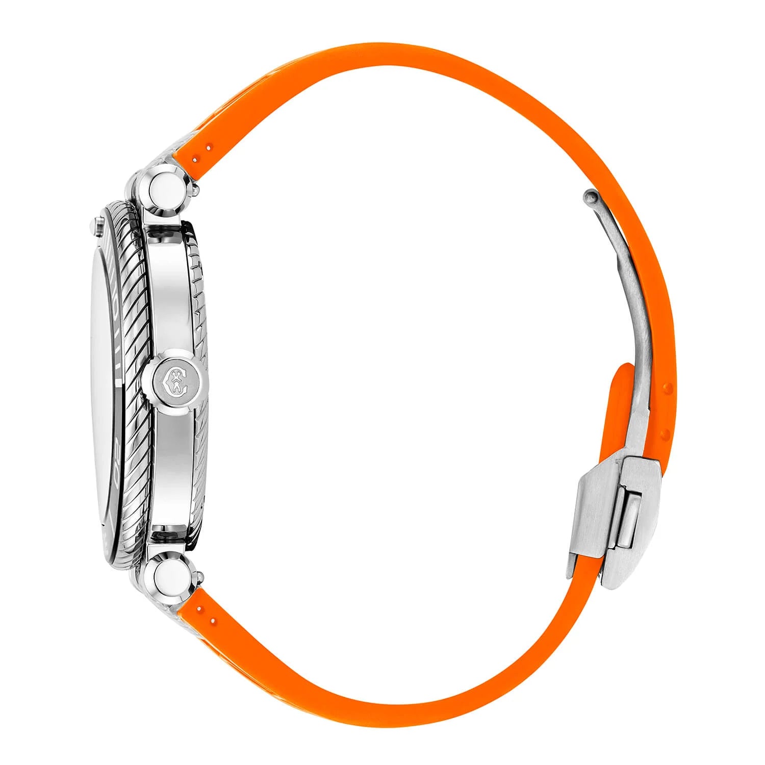 NAVIGATOR SURF, 41MM, AUTOMATIKKALIBER, SCHWARZES LUMINOVA-ZIFFERBLATT, SCHWARZES UND SILBERNES BAND, ORANGEES GUMMI-AUSTAUSCHARMBAND - © 2024 Charriol - Uhr