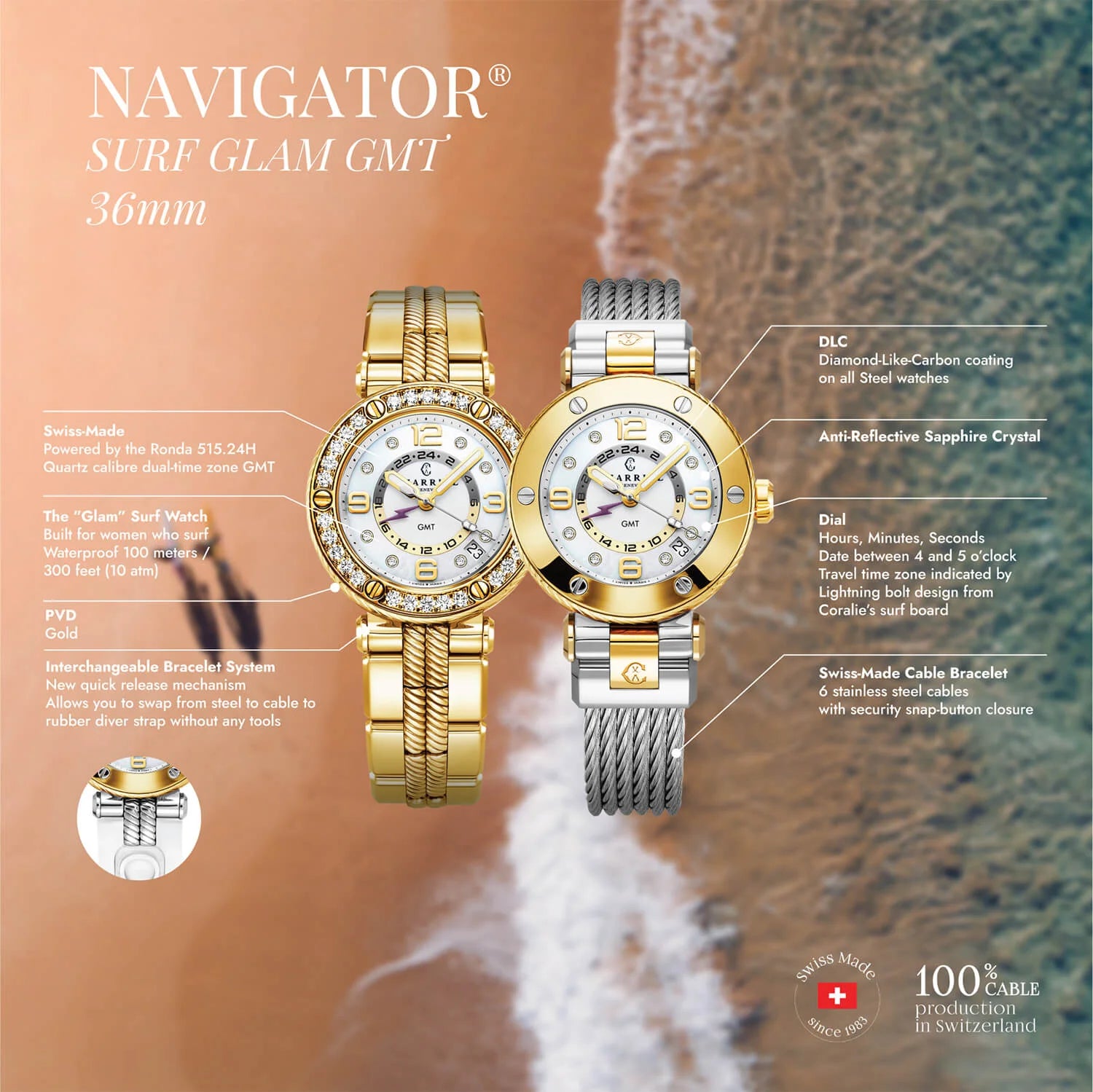 NAVIGATOR SURF GMT, 36MM, QUARTZ GMT KALIBER, WEISSES ZIFFERBLATT, 30 DIAMANTEN, GELB GOLD PVD AUSTAUSCHBARES ARMBAND - Charriol Geneve - Watch