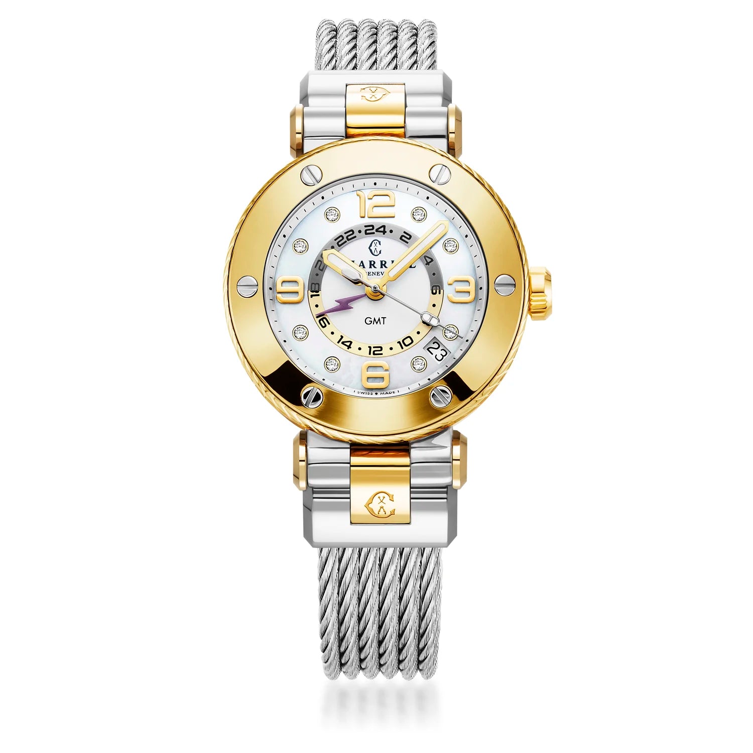 NAVIGATOR SURF GMT, 36MM, QUARTZ GMT KALIBER, WEISSES ZIFFERBLATT, 6 SCHRAUBEN BEZEL, STAHLKABEL-AUSTAUSCHBARES ARMBAND - Charriol Geneve - Watch