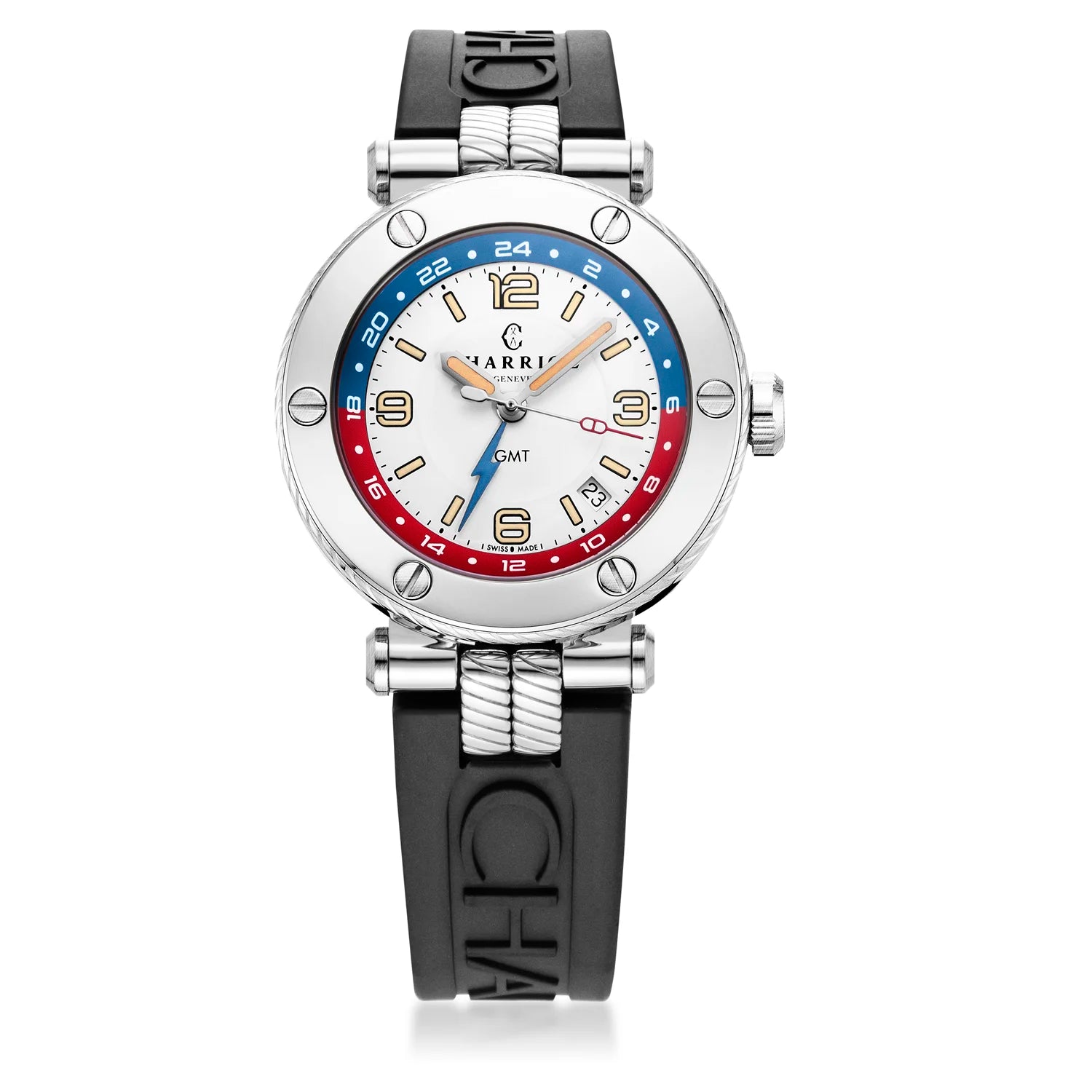 NAVIGATOR SURF GMT, 41MM, AUTOMATISCHE KALIBRIERUNG, WEISSES ZIFFERBLATT, 6 SCHRAUBEN, SCHWARZES GUMMI-AUSTAUSCHBAND - Charriol Geneve - Watch
