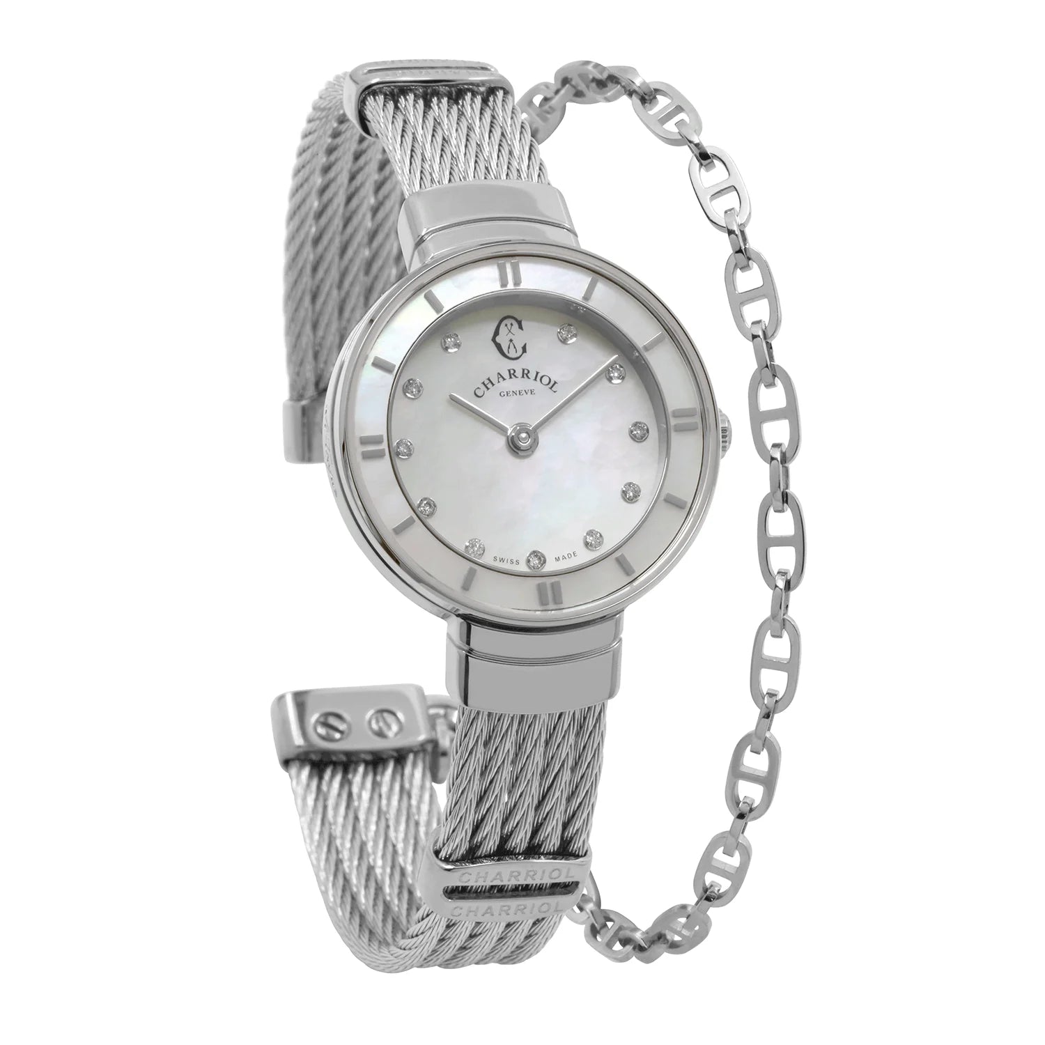 ST TROPEZ, 25MM, QUARTZKALIBER, PERLMUTTER MIT 11 DIAMANTEN ZIFFERN, PERLMUTTERKREUZ, STAHLKABELARMBAND - Charriol Geneve - Watch