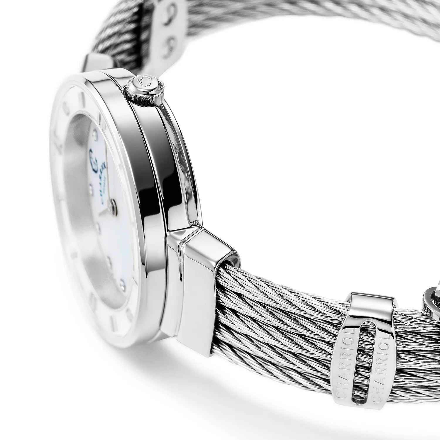 ST TROPEZ, 25MM, QUARTZKALIBER, PERLMUTTER MIT 11 DIAMANTEN ZIFFERN, PERLMUTTERKREUZ, STAHLKABELARMBAND - Charriol Geneve - Watch