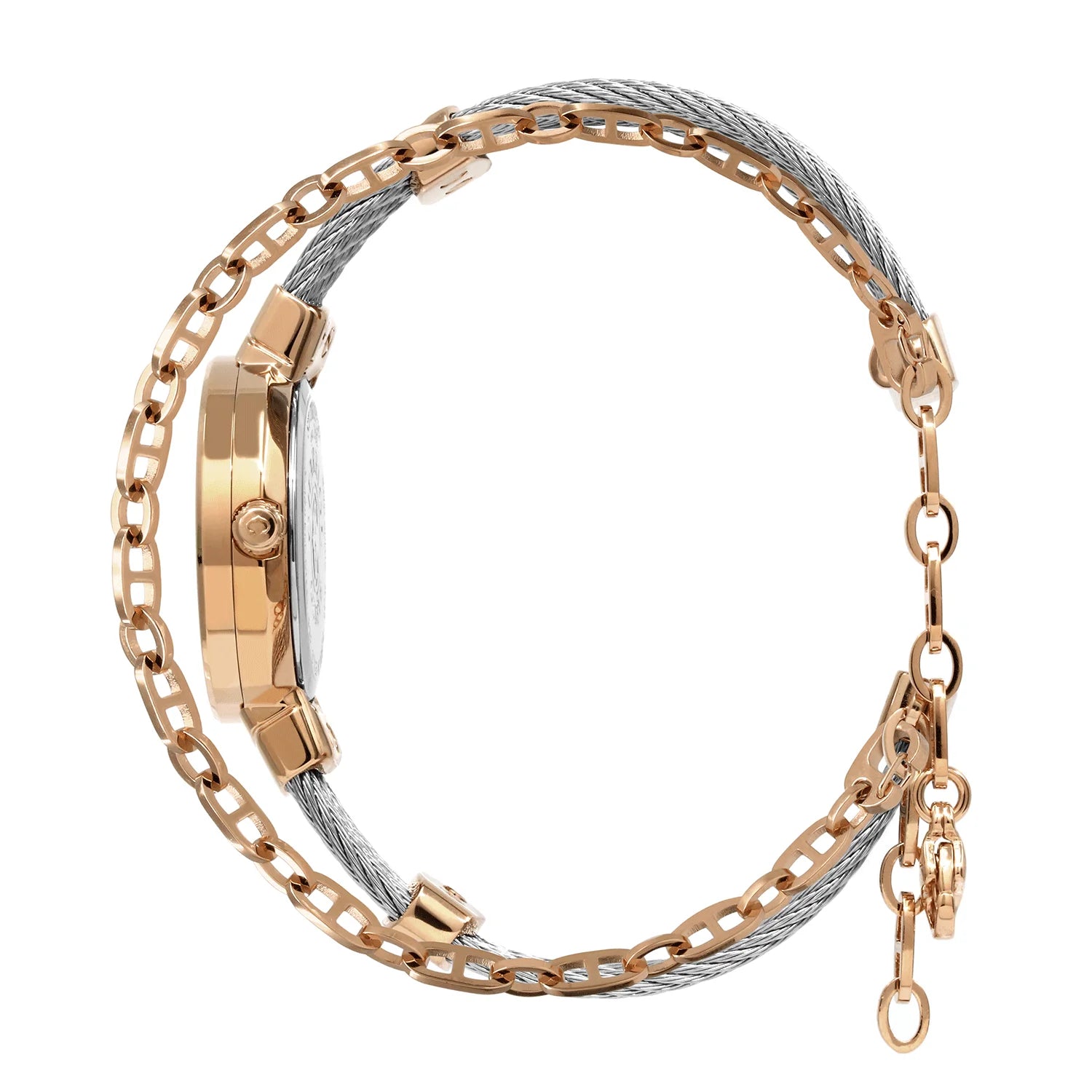 ST TROPEZ, 25MM, QUARTZKALIBER, PERLMUTTER MIT 11 DIAMANTEN ZIFFERN, PERLMUTTERKREUZ, STAHLKABELARMBAND - Charriol Geneve - Watch