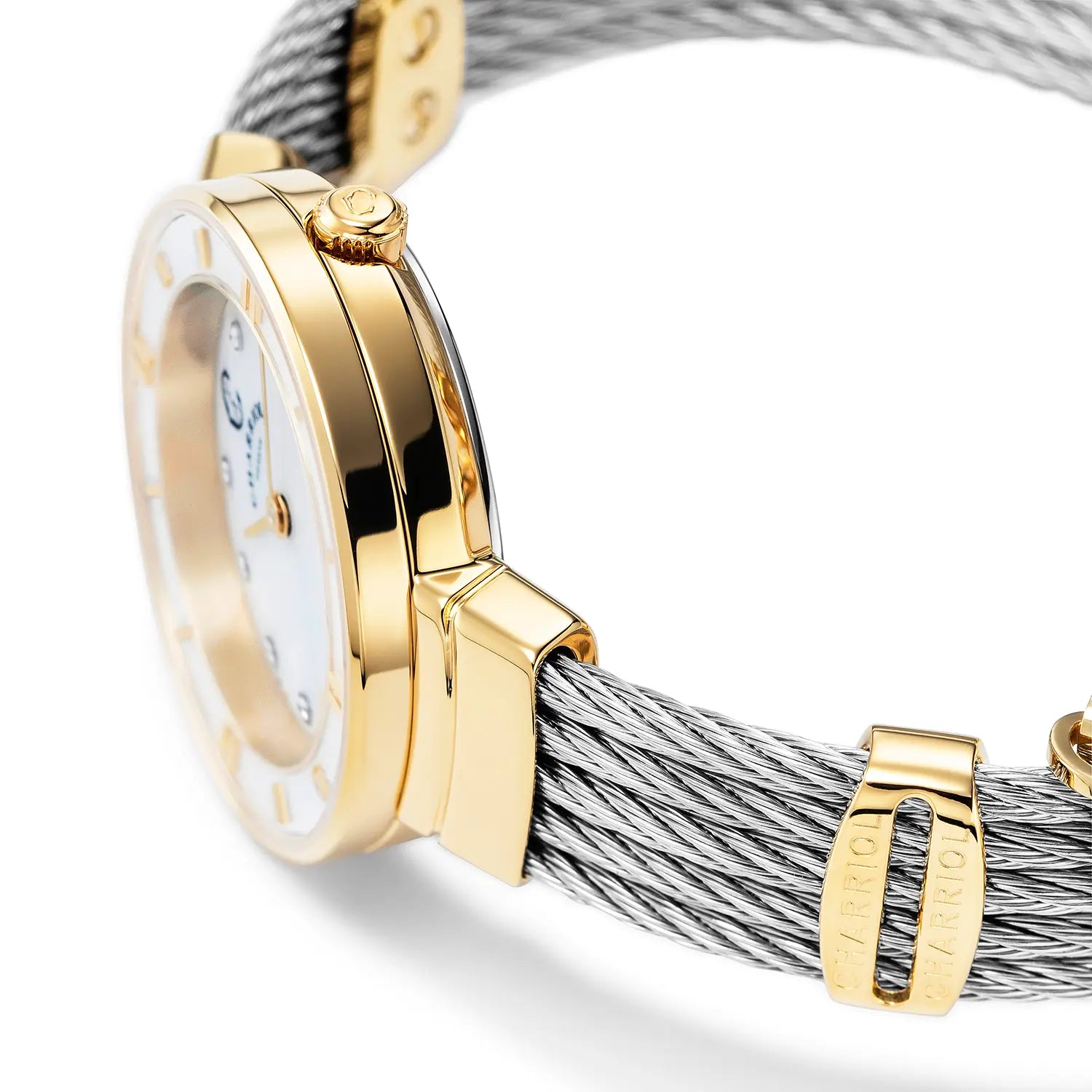 ST TROPEZ, 25MM, QUARTZ KALIBER, PERLMUTTER MIT 11 DIAMANTEN ZIFFERN, GELB GOLD PVD KESSEL, STAHLKABELARMBAND - Charriol Geneve - Watch