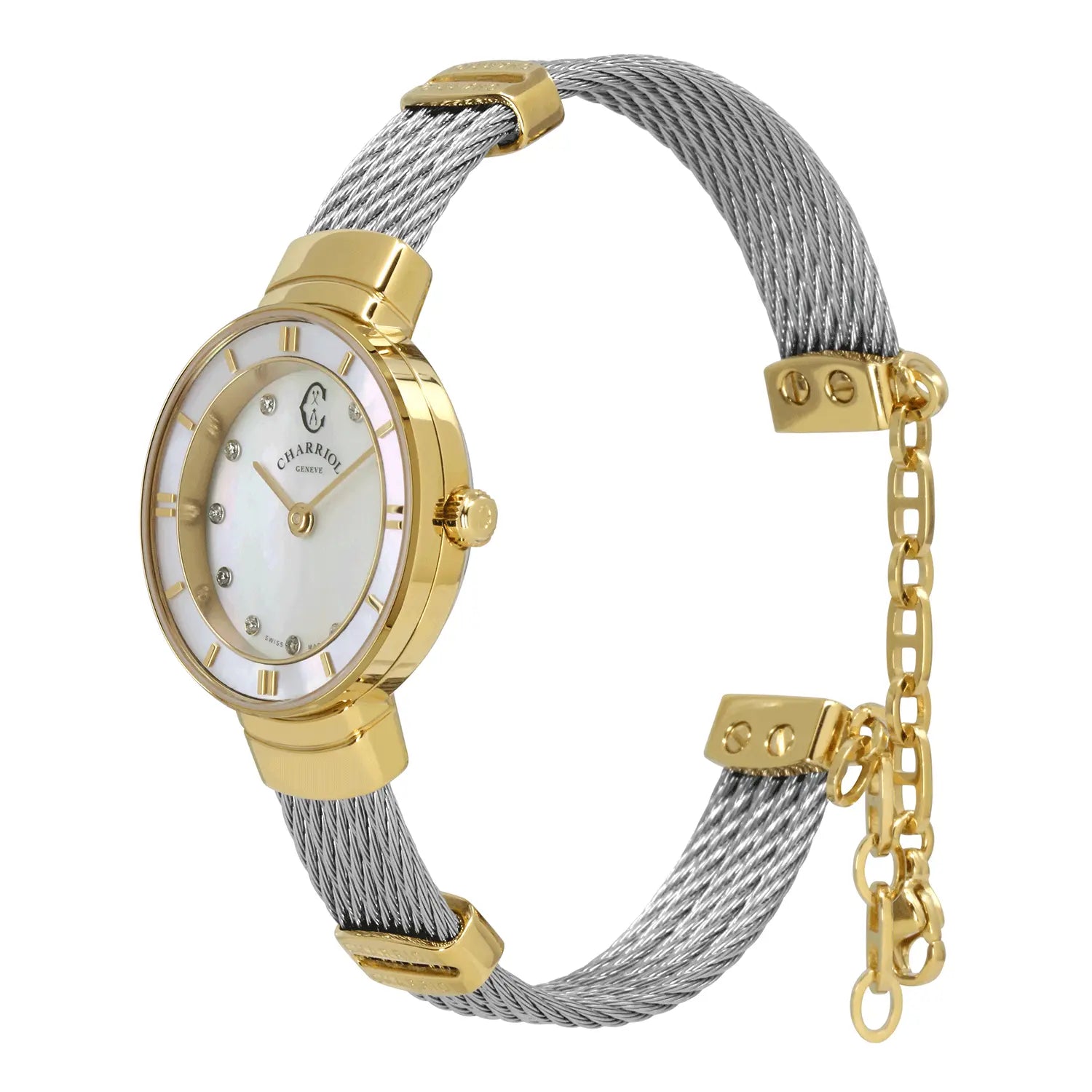 ST TROPEZ, 25MM, QUARTZ KALIBER, PERLMUTTER MIT 11 DIAMANTEN ZIFFERN, GELB GOLD PVD KESSEL, STAHLKABELARMBAND - Charriol Geneve - Watch