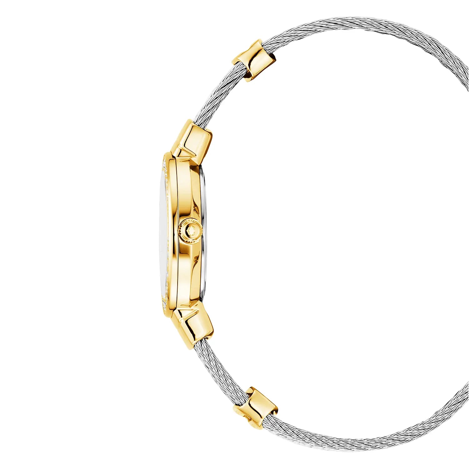 ST TROPEZ, 25MM, QUARZKALIBRIER, WEISSE PERLMUTTER MIT RÖMISCHEN ZAHLEN, GELB GOLD PVD MIT 104 DIAMONEN, STAHLKABELARMBAND - Charriol Geneve - Watch
