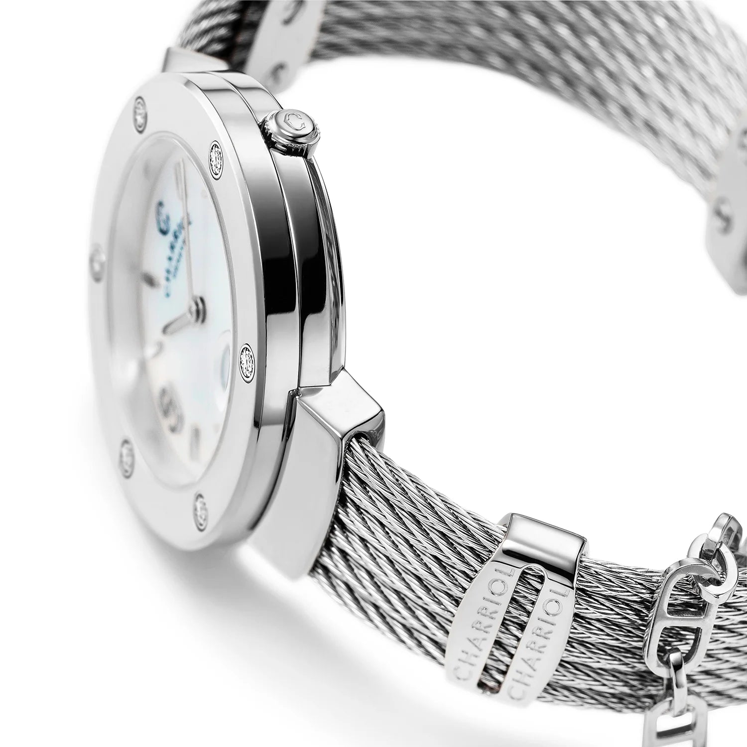 ST TROPEZ, 30MM, QUARZKALIBER, PERLMUTTER-ZEICHEN, STAHL MIT 6 DIAMANTEN, STAHLKABELARMBAND - Charriol Geneve - Watch