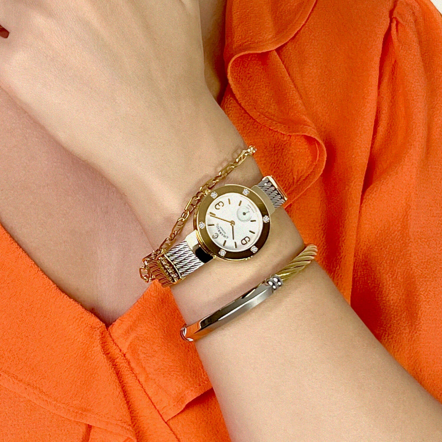 ST TROPEZ, 30MM, QUARTZ KALIBER, PERLMUTTER ZIFFERN, GELB GOLD PVD MIT 6 DIAMONEN, STAHLKABELARMBAND - Charriol Geneve - Watch