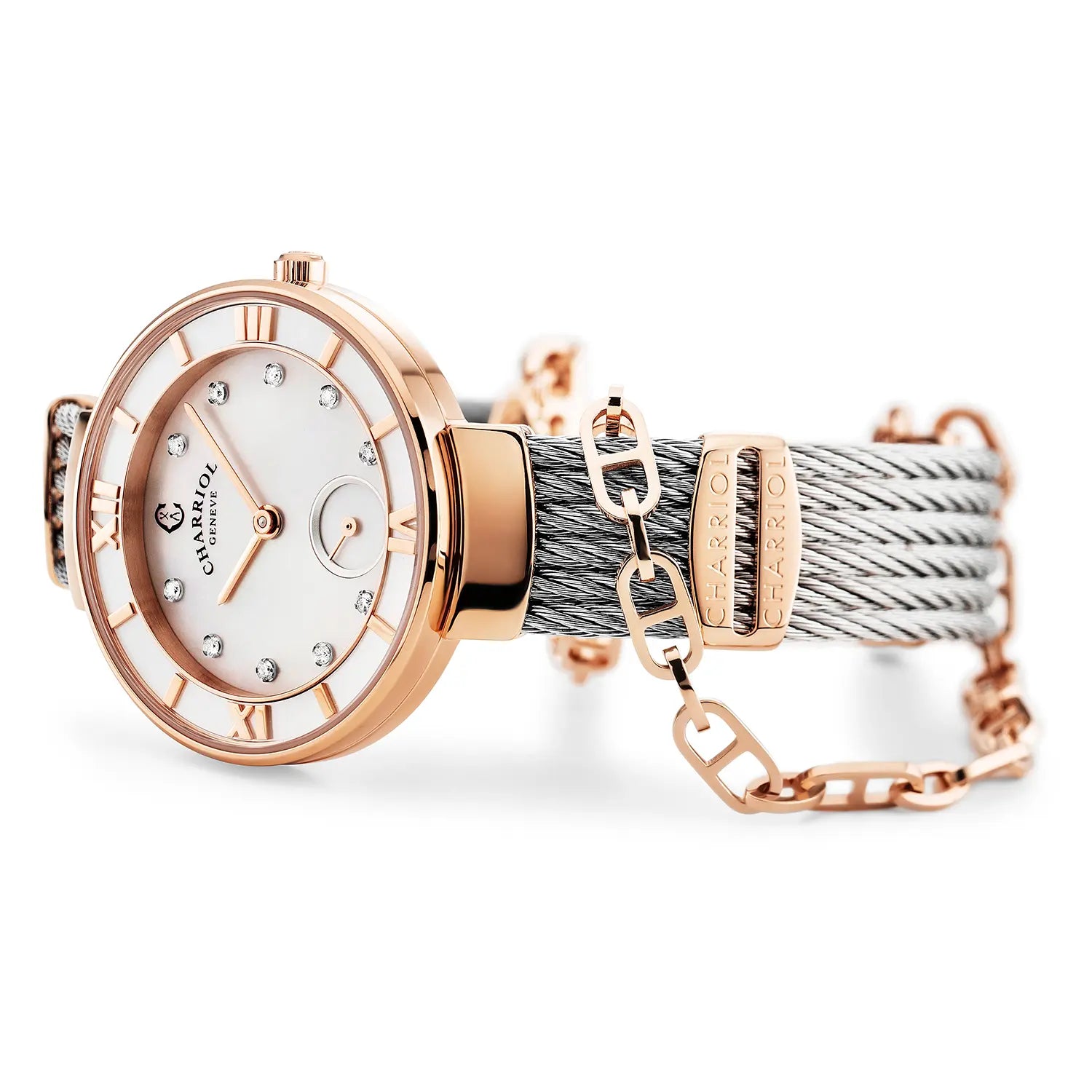 ST TROPEZ, 30MM, QUARTZKALIBER, PERLMUTTER MIT 10 DIAMANTEN ZIFFERN, PERLMUTTERKREUZ, STAHLKABELARMBAND - Charriol Geneve - Watch