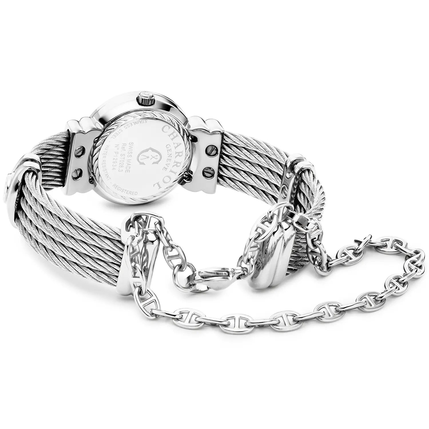 St Tropez Icon 24.5mm Uhr Edelstahl, Stahlkabel, 8 Diamanten Lünette und weißes MOP-Zifferblatt - Charriol Geneve - Uhr