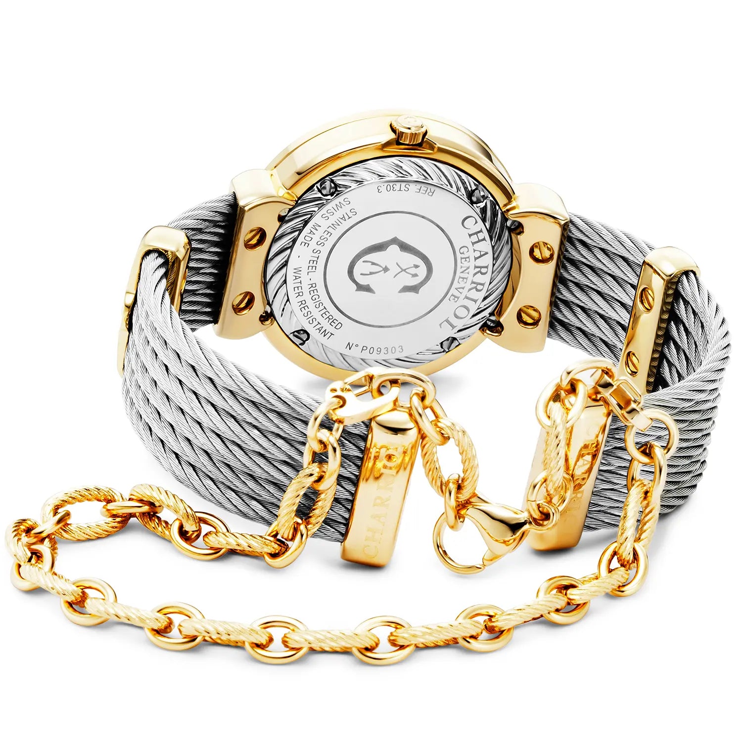 ST TROPEZ ICON, 30MM, QUARTZ KALIBRIEREN, PERLMUTTER HIBISKUS ZIFFERN, PERLMUTTER MIT 8 DIAMONEN BESETZT, STAHLKABELARMBAND - Charriol Geneve - Watch