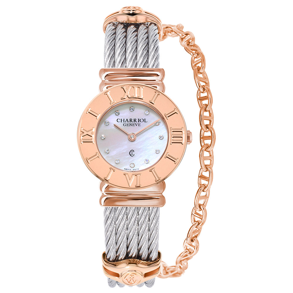 St-Tropez Icon 24,5mm, Stahlkabel, Rose Gold mit römischen Ziffern Lünette, weißes MOP-Zifferblatt mit 12 weißen Diamanten Index - Charriol - Watch