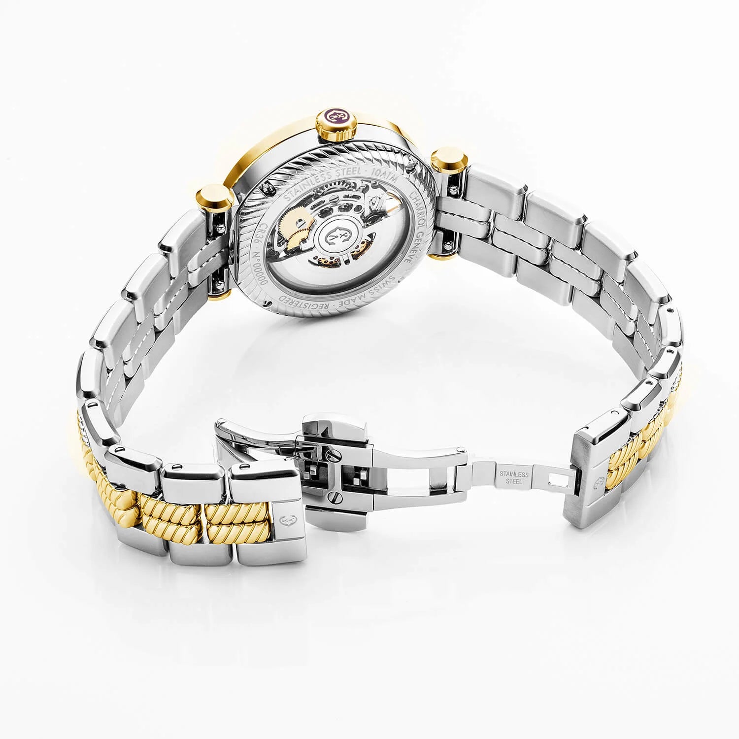 NAVIGATOR CRUISE, 36MM, CHARRIOL SKELETON AUTOMATISCHES KALIBER, KRISTALL MIT 12 DIAMANTEN INDEX INNEREN RING ZIFFERN, STAHL GELB GOLD PVD MIT 30 FULLCUTS DIAMANTEN & 6 DIAMANTEN BEZEL, METALL BICOLOR AUSTAUSCHBARES ARMBAND - © 2024 Charriol - Watch