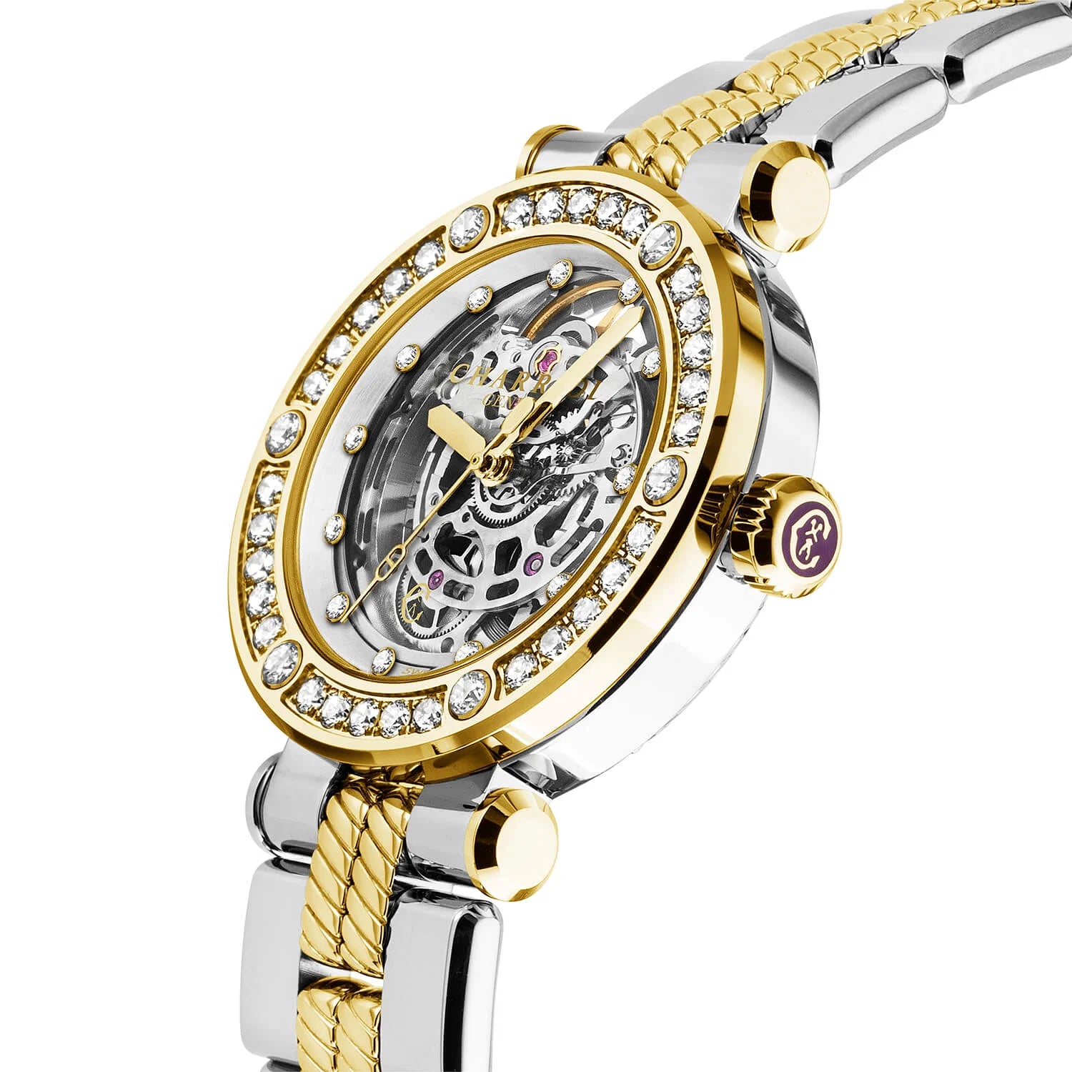 NAVIGATOR CRUISE, 36MM, CHARRIOL SKELETON AUTOMATISCHES KALIBER, KRISTALL MIT 12 DIAMANTEN INDEX INNEREN RING ZIFFERN, STAHL GELB GOLD PVD MIT 30 FULLCUTS DIAMANTEN & 6 DIAMANTEN BEZEL, METALL BICOLOR AUSTAUSCHBARES ARMBAND - © 2024 Charriol - Watch