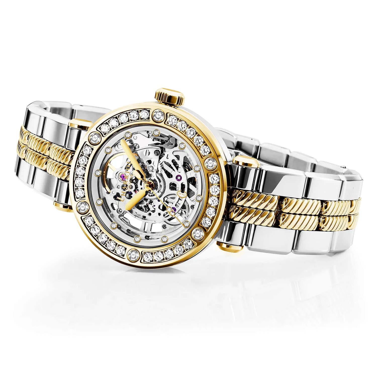 NAVIGATOR CRUISE, 36MM, CHARRIOL SKELETON AUTOMATISCHES KALIBER, KRISTALL MIT 12 DIAMANTEN INDEX INNEREN RING ZIFFERN, STAHL GELB GOLD PVD MIT 30 FULLCUTS DIAMANTEN & 6 DIAMANTEN BEZEL, METALL BICOLOR AUSTAUSCHBARES ARMBAND - © 2024 Charriol - Watch