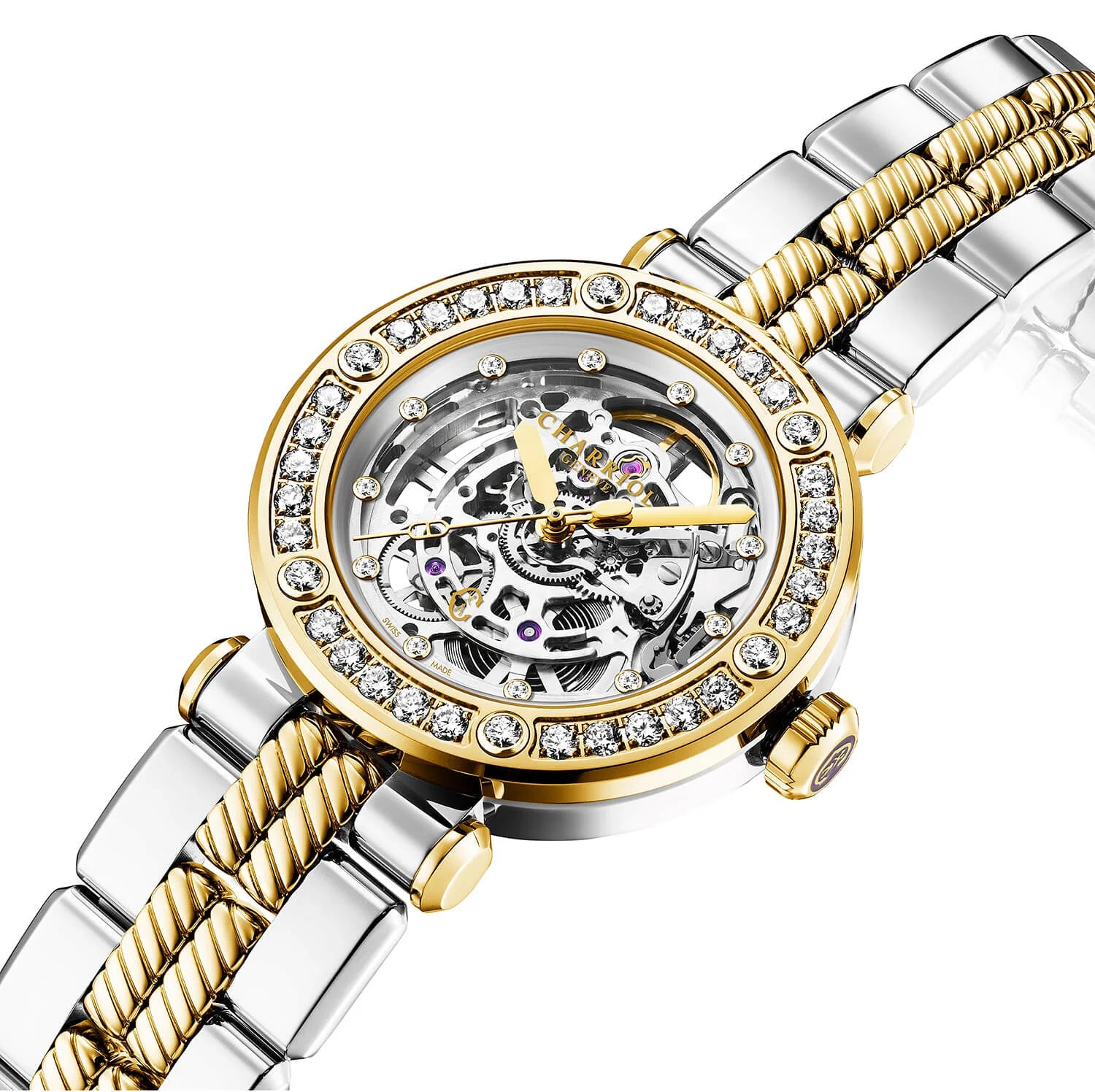 NAVIGATOR CRUISE, 36MM, CHARRIOL SKELETON AUTOMATISCHES KALIBER, KRISTALL MIT 12 DIAMANTEN INDEX INNEREN RING ZIFFERN, STAHL GELB GOLD PVD MIT 30 FULLCUTS DIAMANTEN & 6 DIAMANTEN BEZEL, METALL BICOLOR AUSTAUSCHBARES ARMBAND - © 2024 Charriol - Watch