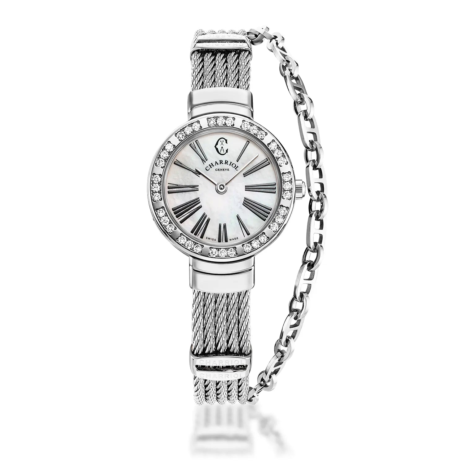 ST TROPEZ, 25MM, QUARZKALIBER, WEISSE PERMUTTER MIT RÖMISCHEM ZIFFERNZEIGER, STAHL MIT 36 DIAMANTEN, STAHLKABELARMBAND - Charriol Geneve - Watch