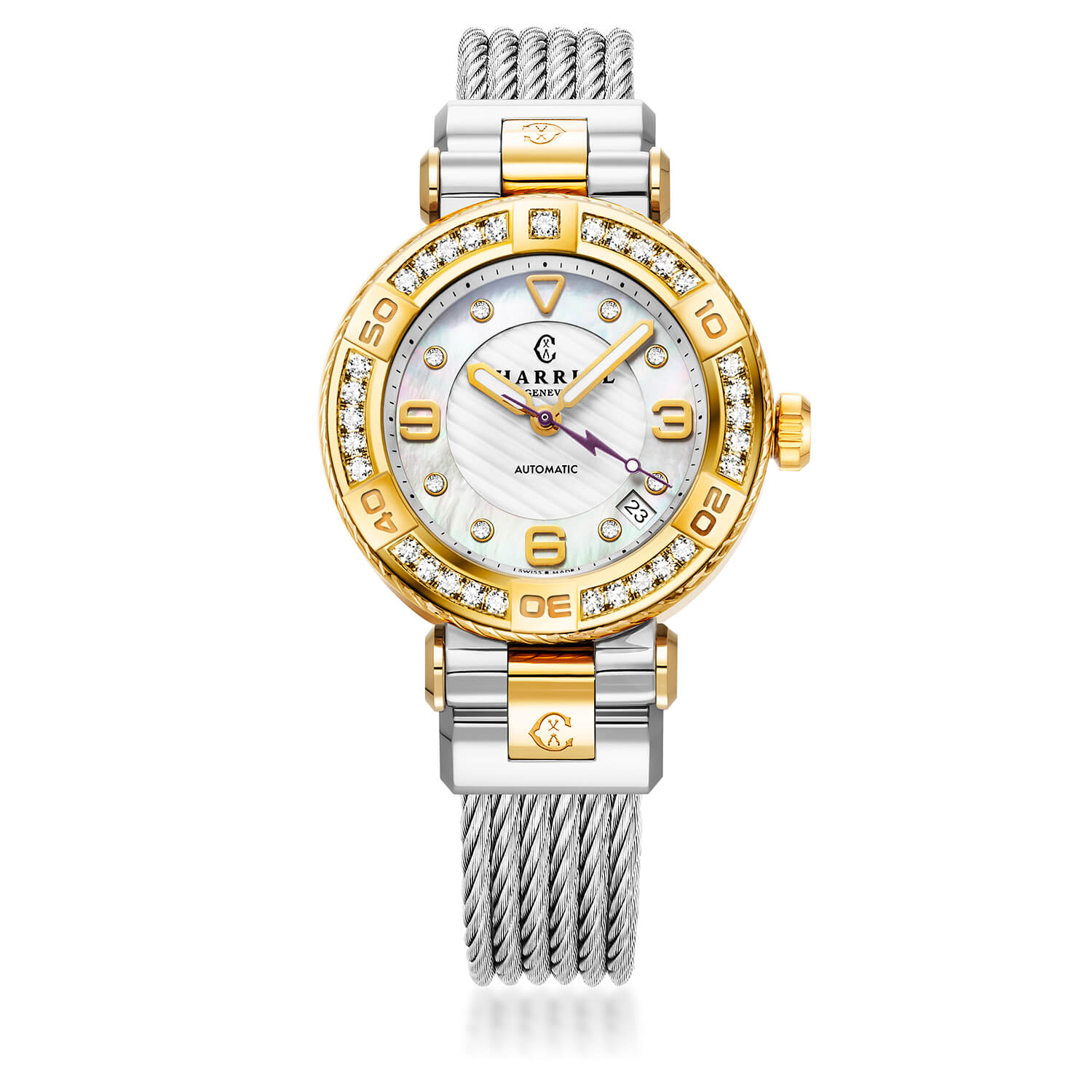 NAVIGATOR SURF, 36MM, AUTOMATISCHE KALIBRIERUNG, WEISSE PERLMUTTER UND SILBER MIT 8 DIAMANTEN ZIFFERN, STAHL GELB GOLD PVD MIT 30 KLEINEN SCHLITZDIAMANTEN UND 6 KLEINEN SCHLITZDIAMANTEN, STAHL AUSTAUSCHBARES KABELARMBAND MIT GELB GOLD PVD ANGESCHLOSSEN - © 2024 Charriol - Watch